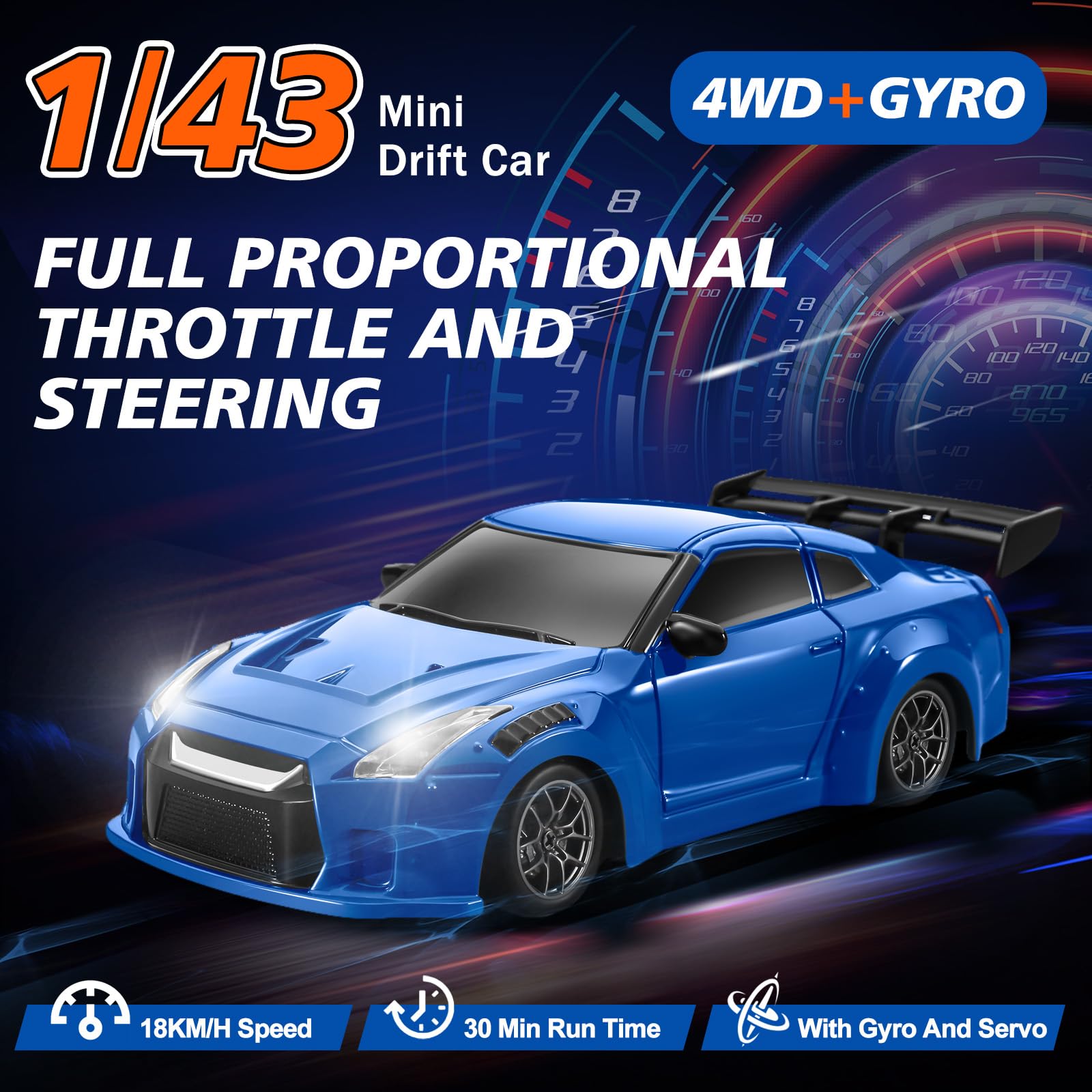 ACAMMZAR Coche Teledirigido Drift con Giroscopio, 1:43 Mini Proporcional Completo 4WD 18KM/H RC Drift Coche, con Luces LED, Gyro, RC Cars para Adultos Niñas, Azul