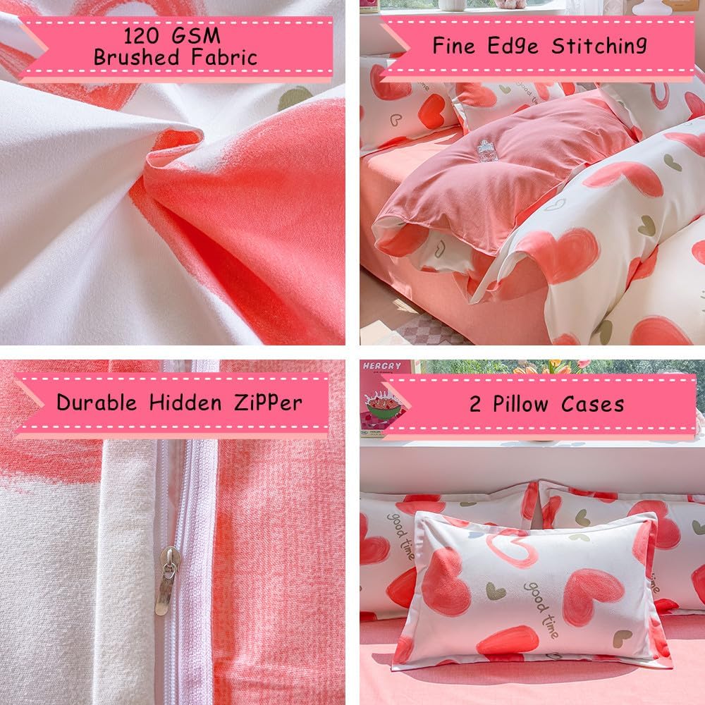 Kids Cartoon Bedding Set Love Hearts Duvet Cover 3PCS Kawaii Duvet Cover Set, Ultra-Soft Comforter Cover Reversible Design for Girls Boys(Twin,Heart)
