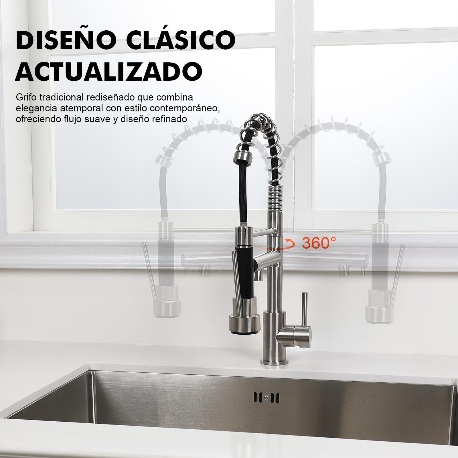 Ibergrif Grifo Profesional Cocina con Ducha Extraíble, Mezclador de Fregadero, Acero Inoxidable