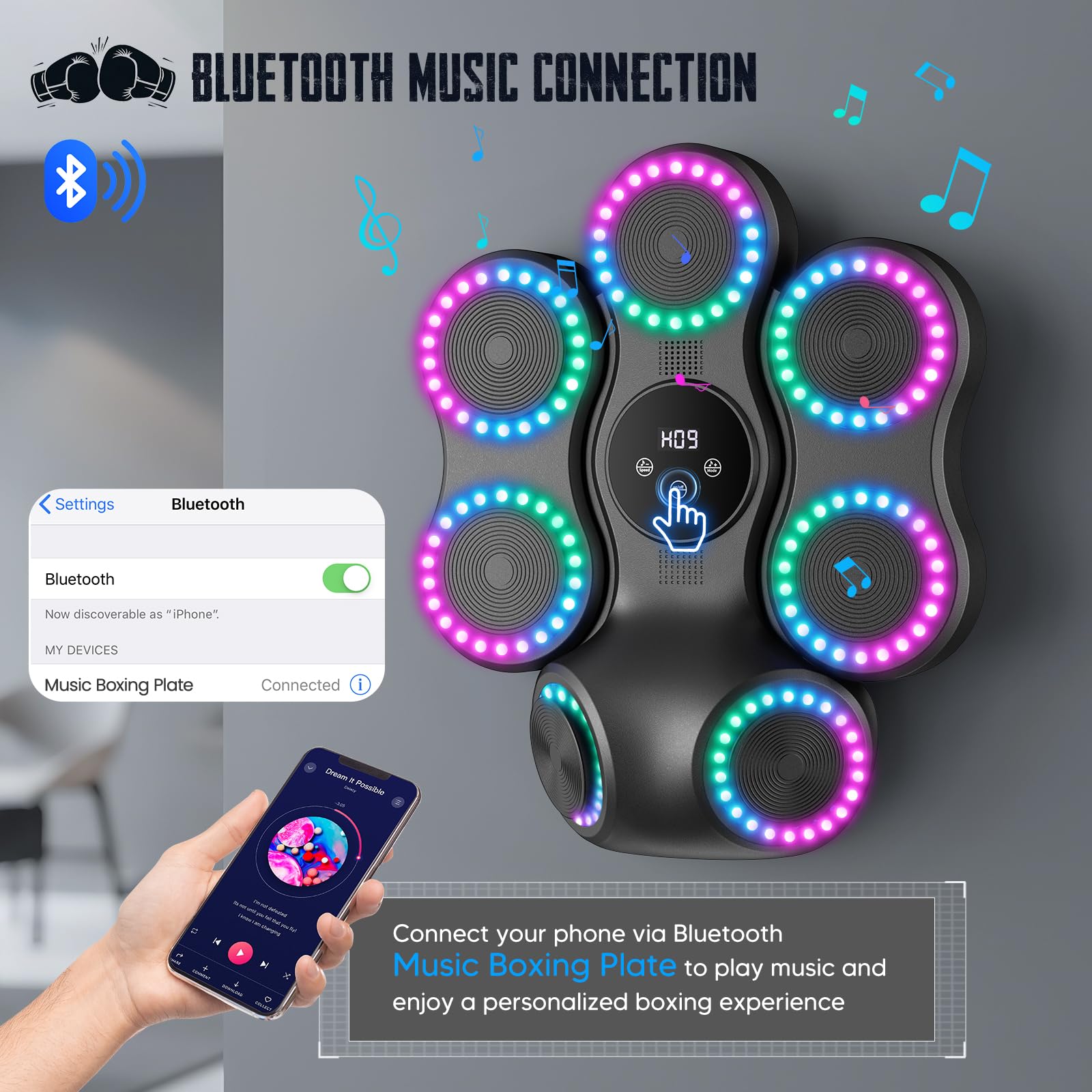 Macchina da Boxe Musicale Da Parete Attrezzature di Allenamento Intelligente con Bluetooth, 9 Velocità & Mode, Tappetino di Reazione con Guanti per Ragazzi & Bambini, Regalo Sportivo Palestra