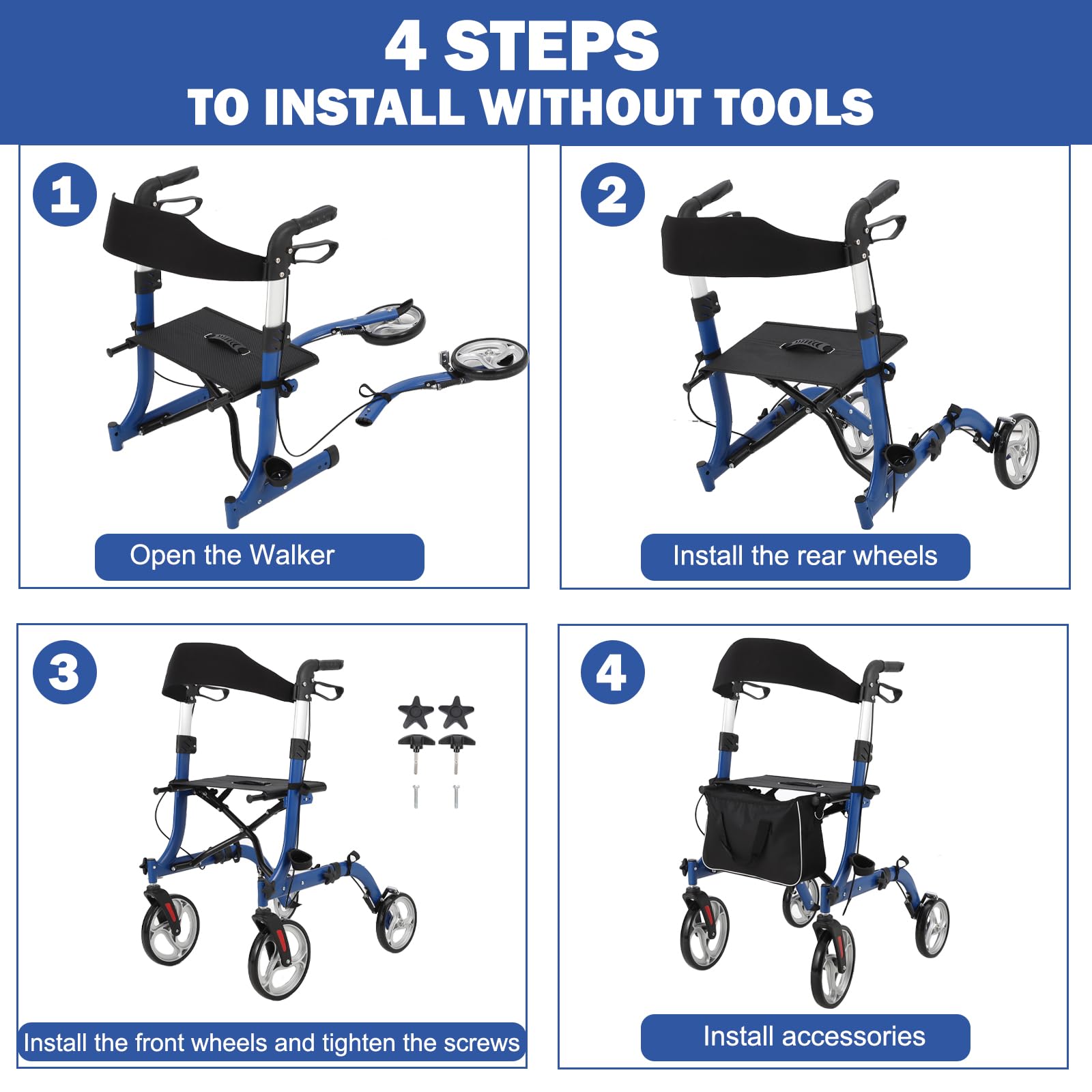 Rollator 2 in 1 Per Anziani – Alluminio Pieghevole Con Braccioli e Poggiapiedi, Seduta Schienale e Freni, Capacità 136kg All Terrain