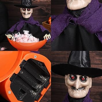 Halloween Animated Witch Candy Bowl Animated LED Eyes Creepy Sound | Halloween Motion Activated Screaming Animatronic Moving LED Lights Skull Candy Holder Witch Decor for Prank Props