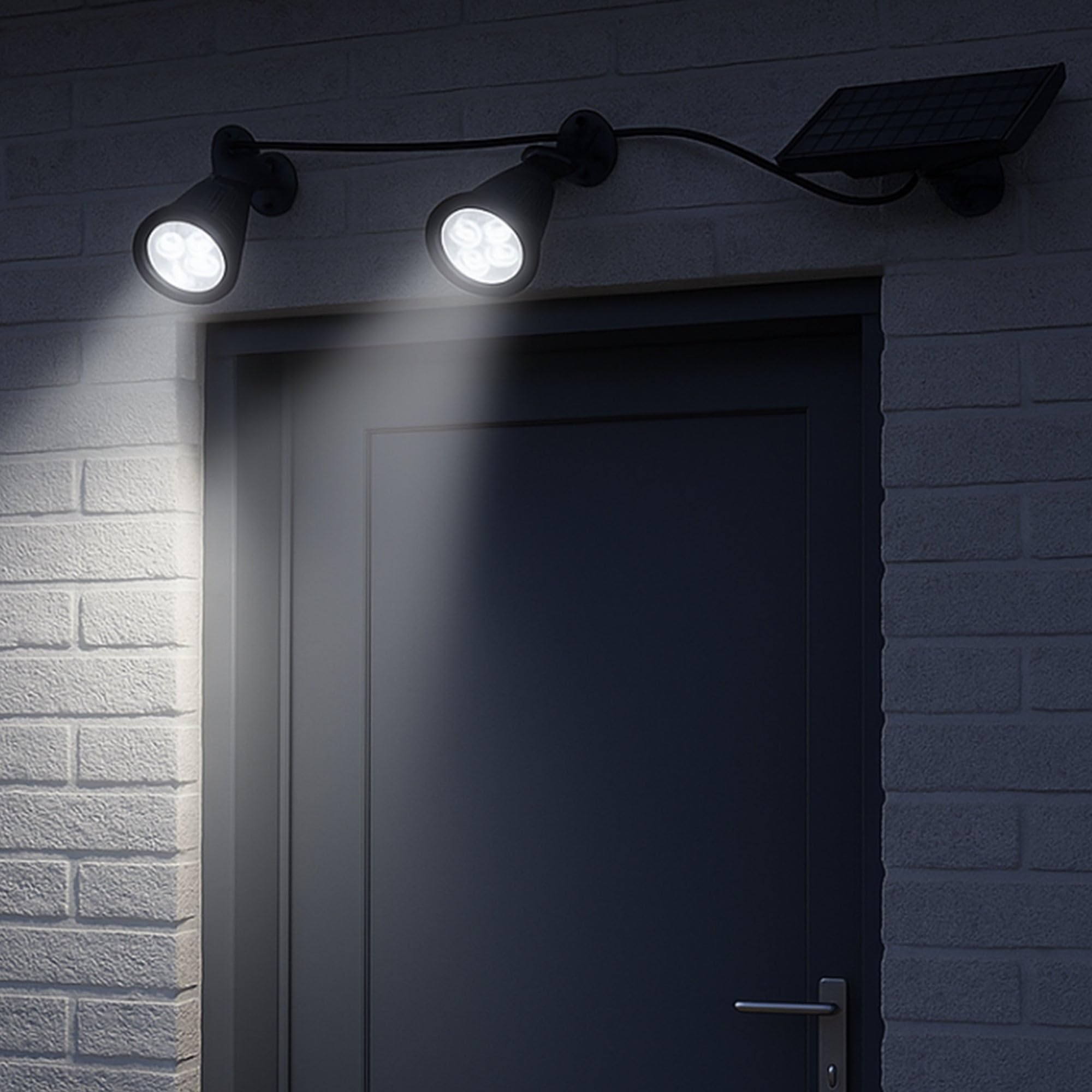 Lumisky Lot de 2 double spot solaire relié avec panneau solaire déporté 2 en 1 à piquer ou à fixer éclairage puissant LED blanc dimmable FAMILY SPIKY H38cm