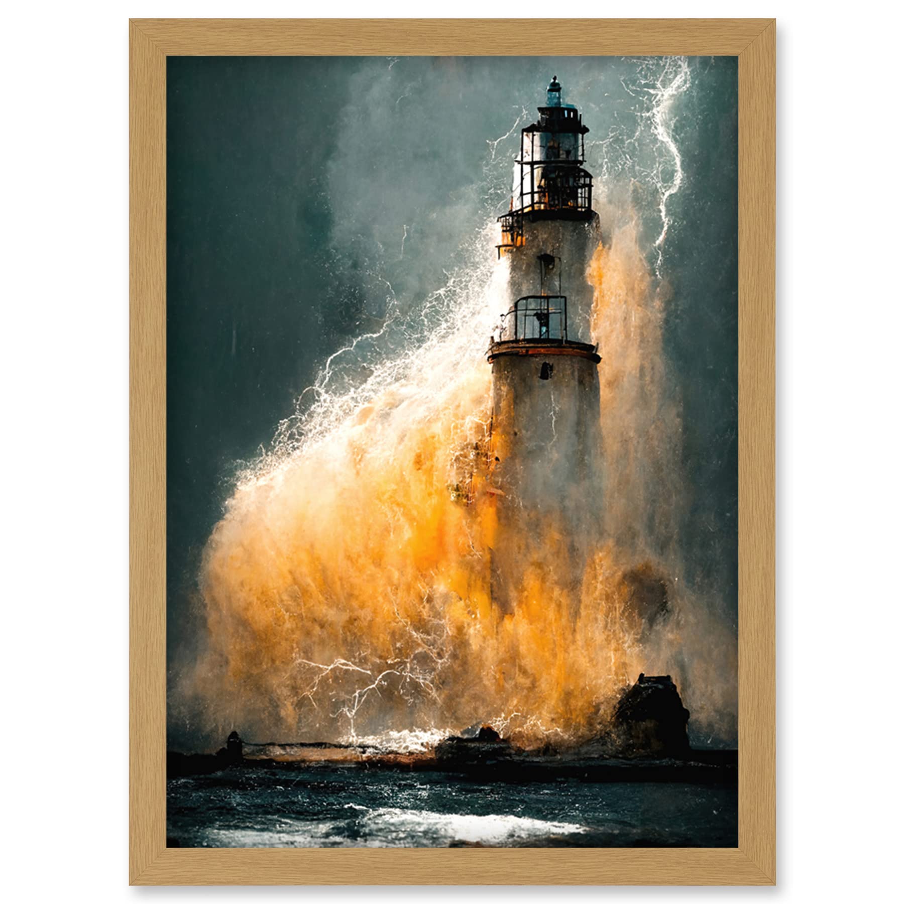 Doppelganger33 LTD Lighthouse Storm French Coastline Lightning Hurricane Artwork Framed Wall Art Print A4