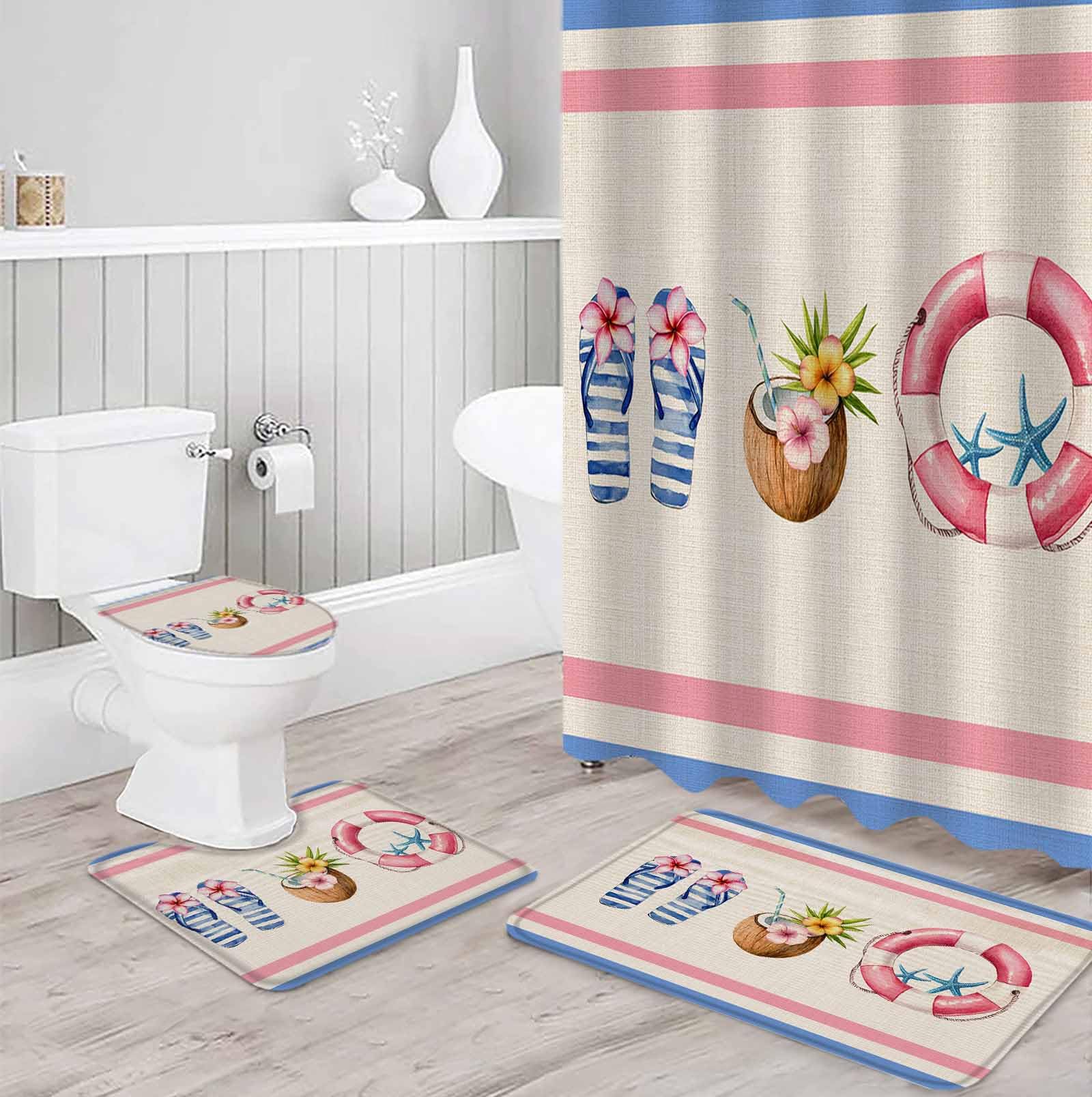 Summer Slippers Bathroom Set with Shower Curtain and Rug and Accessories - 36x72 Inches Long Coconut Starfish Blue Pink Stripes Stall Curtain Waterproof with Small Bath Mat, Washable Runner Rug Set