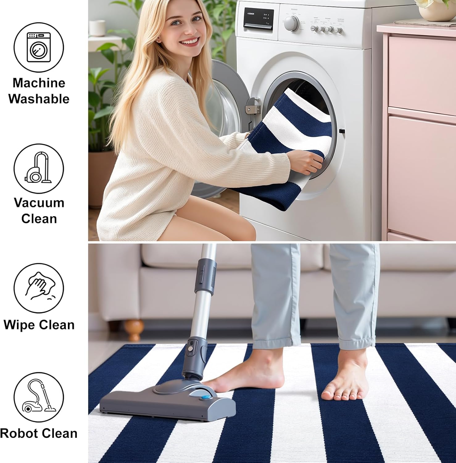 OLANLY Navy and White Striped Rug 2'4" x 3'7" (27.5" x 43") – Washable Cotton Indoor Outdoor Doormat for Front Door, Entryway, Kitchen, Porch, Patio Decor