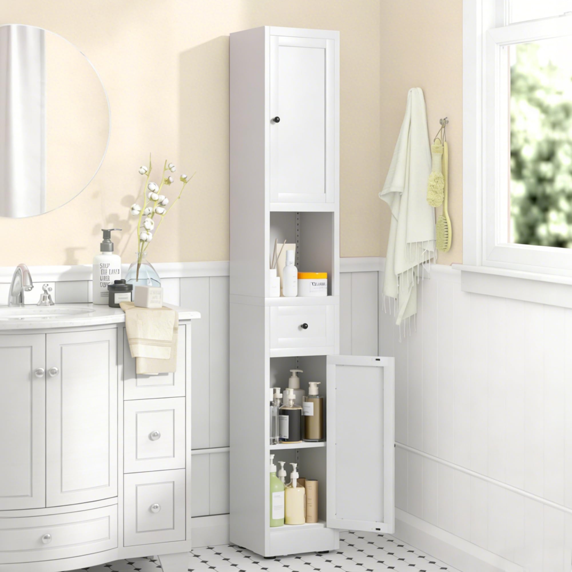 Armadietto da bagno in metallo bianco sottile con 5 ripiani, 2 ante e ripiani regolabili, autoportante, salvaspazio, per cucina, lavanderia e dispensa, 180 x 30 x 30 cm