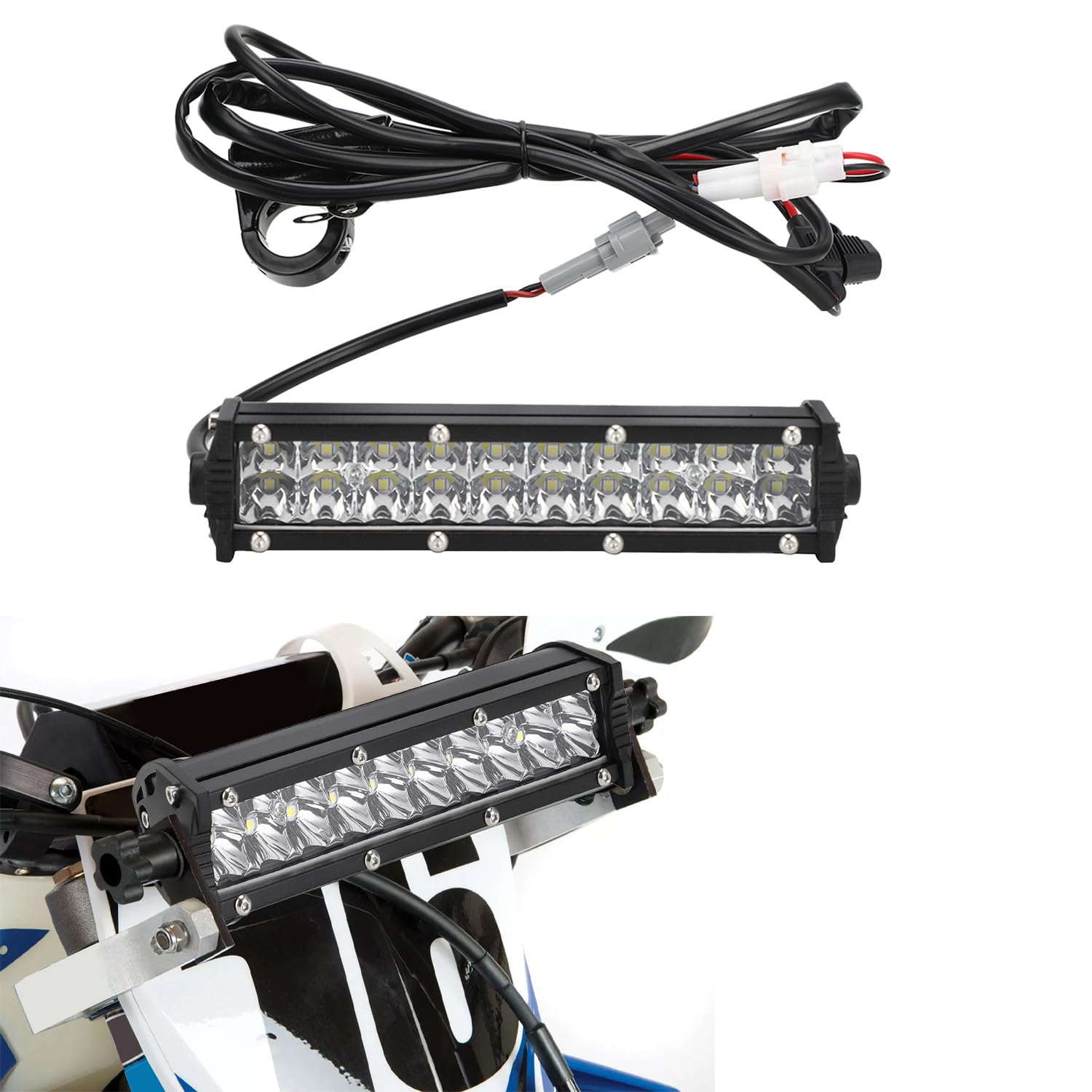 Barra de luz LED doble fila 8 pulgadas, 10-30 V, luz impermeable todoterreno con kit de arnés, universal para manillares 7/8 pulgadas YZ125 YZ250F WR250F
