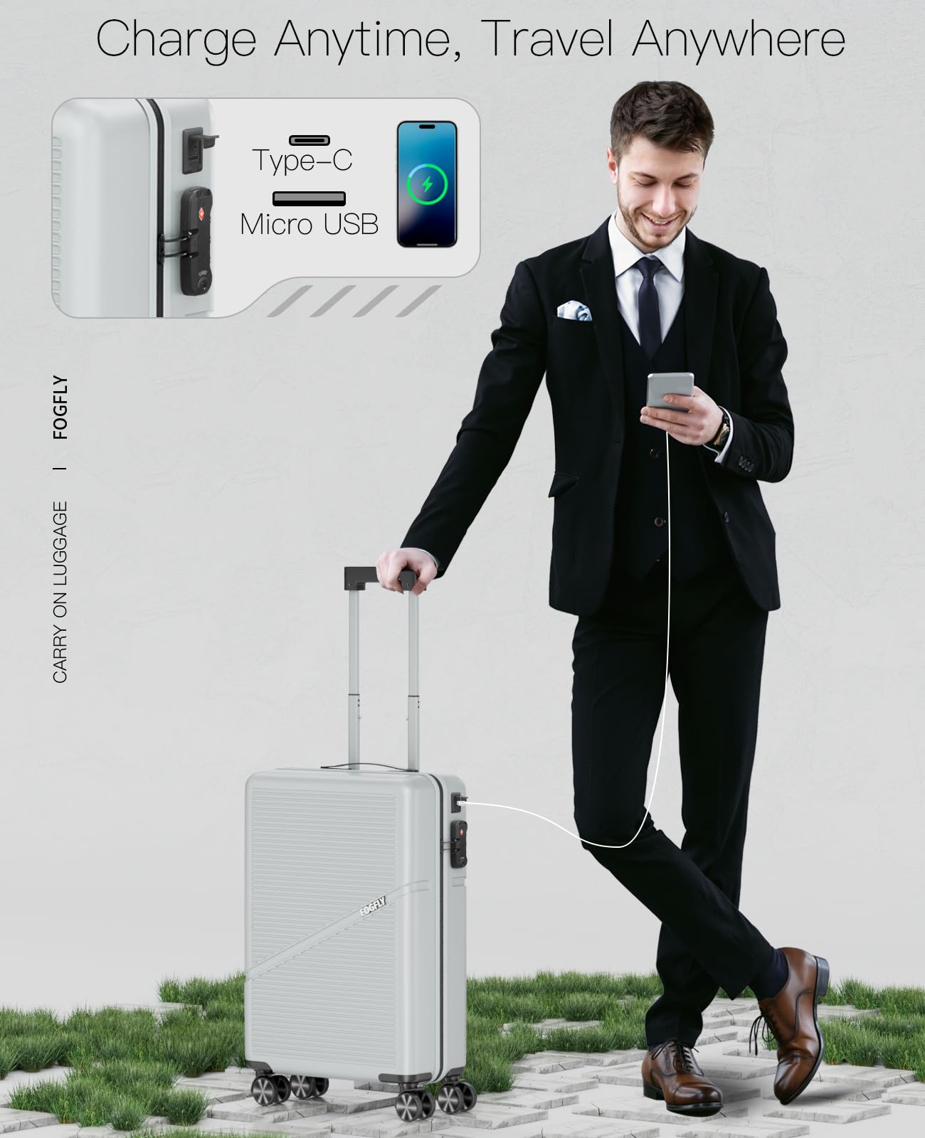 Valigia rigida con ruote girevoli, approvata dalle compagnie aeree da 50,8 cm, leggera, con serratura TSA e porta di ricarica USB per viaggi, Grigio, Valigia rigida leggera con serratura Tsa e porta