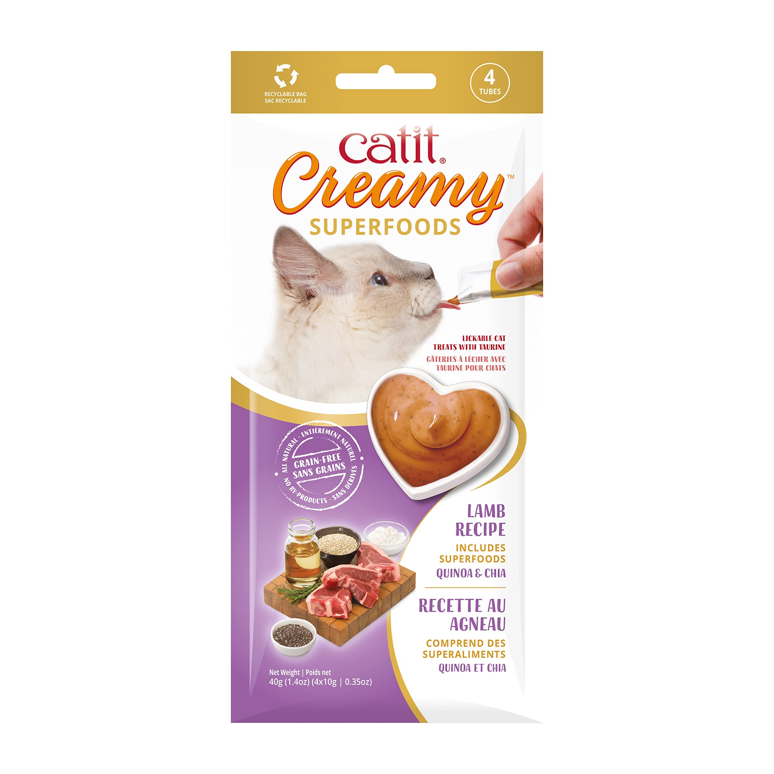 Catit Creamy Superfood Snack húmedo para Gatos Cordero/Quinoa y Chía, 4x10g