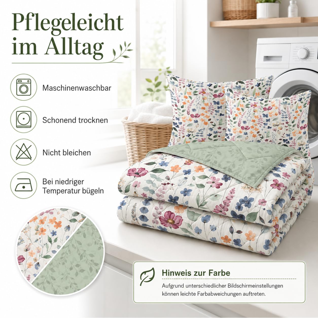 Bettdecke 135x200 4 Jahreszeiten, Beige Blume Vierjahreszeiten Steppdecke 135x200, Warme Ganzjahresdecke Salbeigrüne Pflanzen Bettdecke ohne Bezug Waschbar Schlafdecke mit 2 Kissenbezug 80x80cm