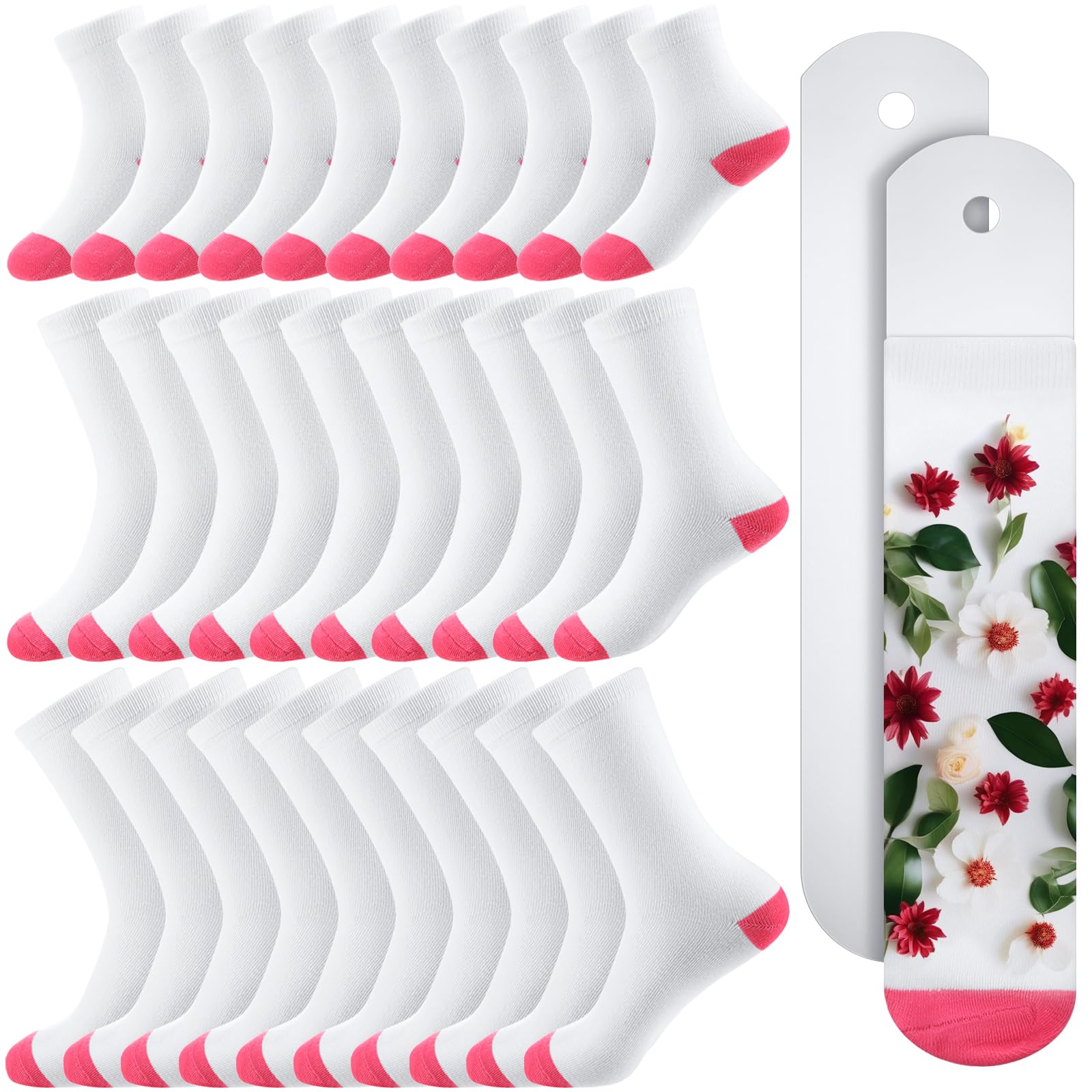 Toulite 15 Pairs White Sublimation Socks Blanks Polyester Socks Heat Transfer 2 Pcs Metal Sublimation Sock Jig, 3 Sizes(Pink Sole)