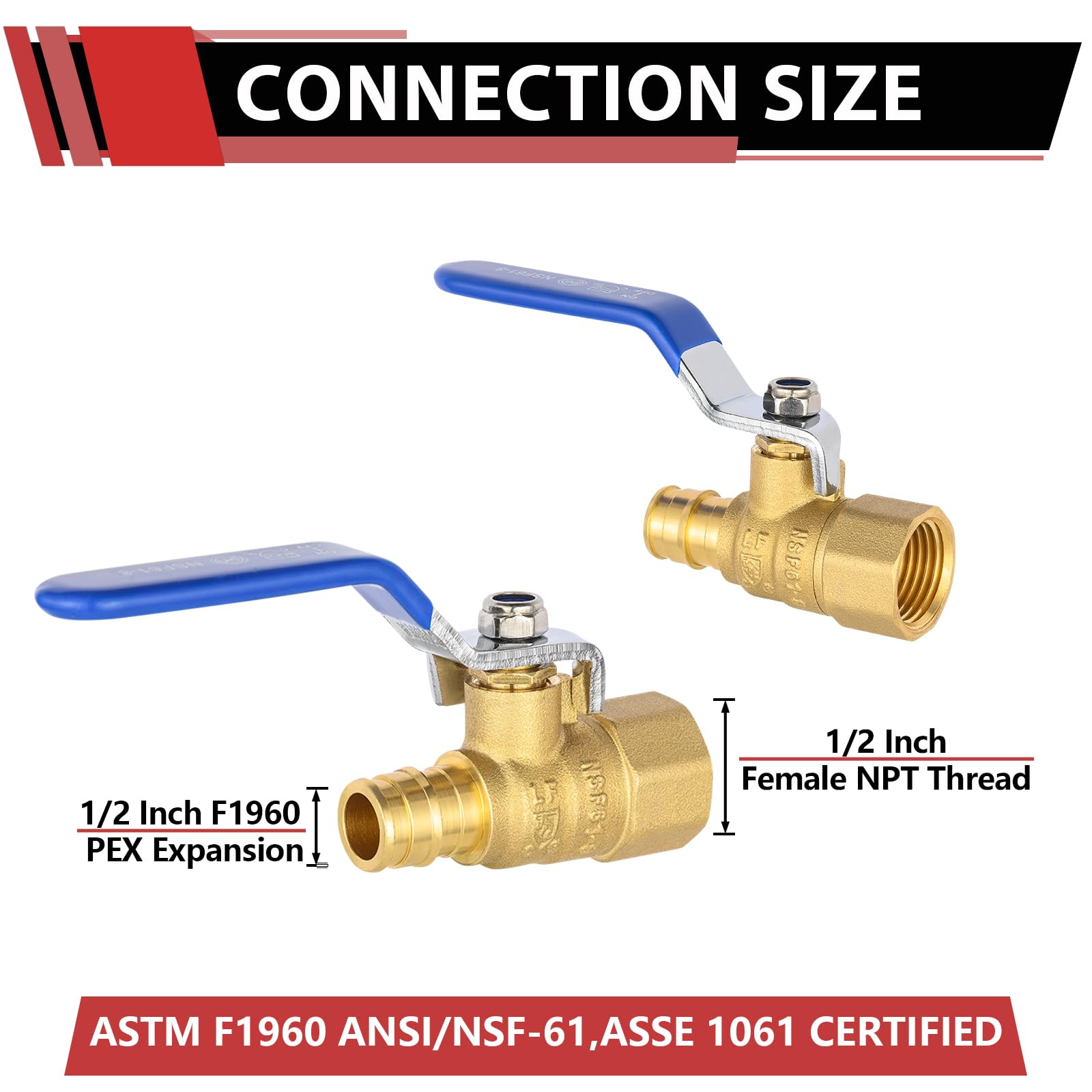 EFIELD - Confezione da 5 valvole a sfera di chiusura in ottone FNPT 1/2" x 1/2", per connessione a tubo Pex-A, ASTM F1960, leva blu, certificazione cUPC