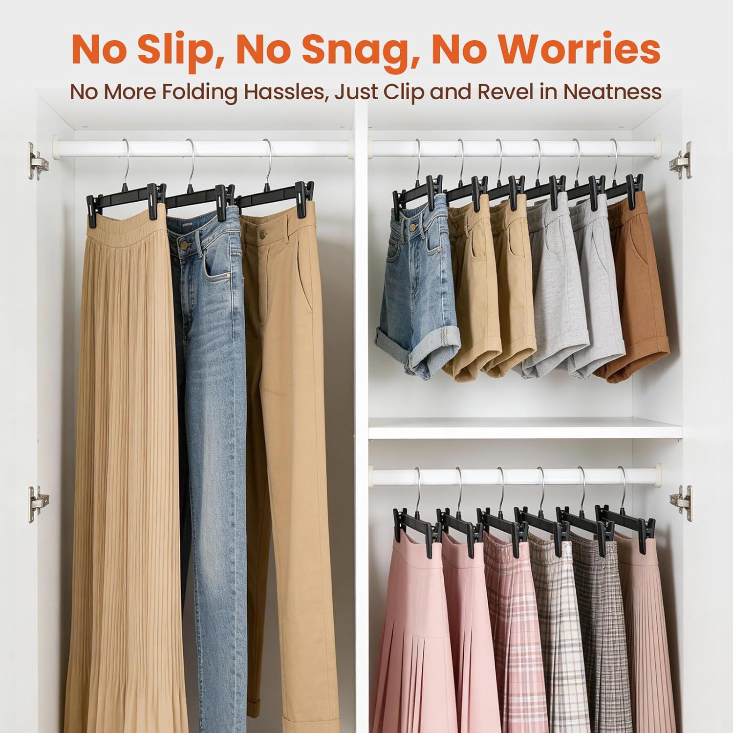 HOUSE DAY Black Pants Hangers 50 Pack, 12 Inch Skirt Hangers with Non-Slip Big Clips and 360° Swivel Hook, Heavy Duty Slim Plastic Pant Hanger, Space Saving Clip Hanger for Pants, Skirts, Shorts - Image 6