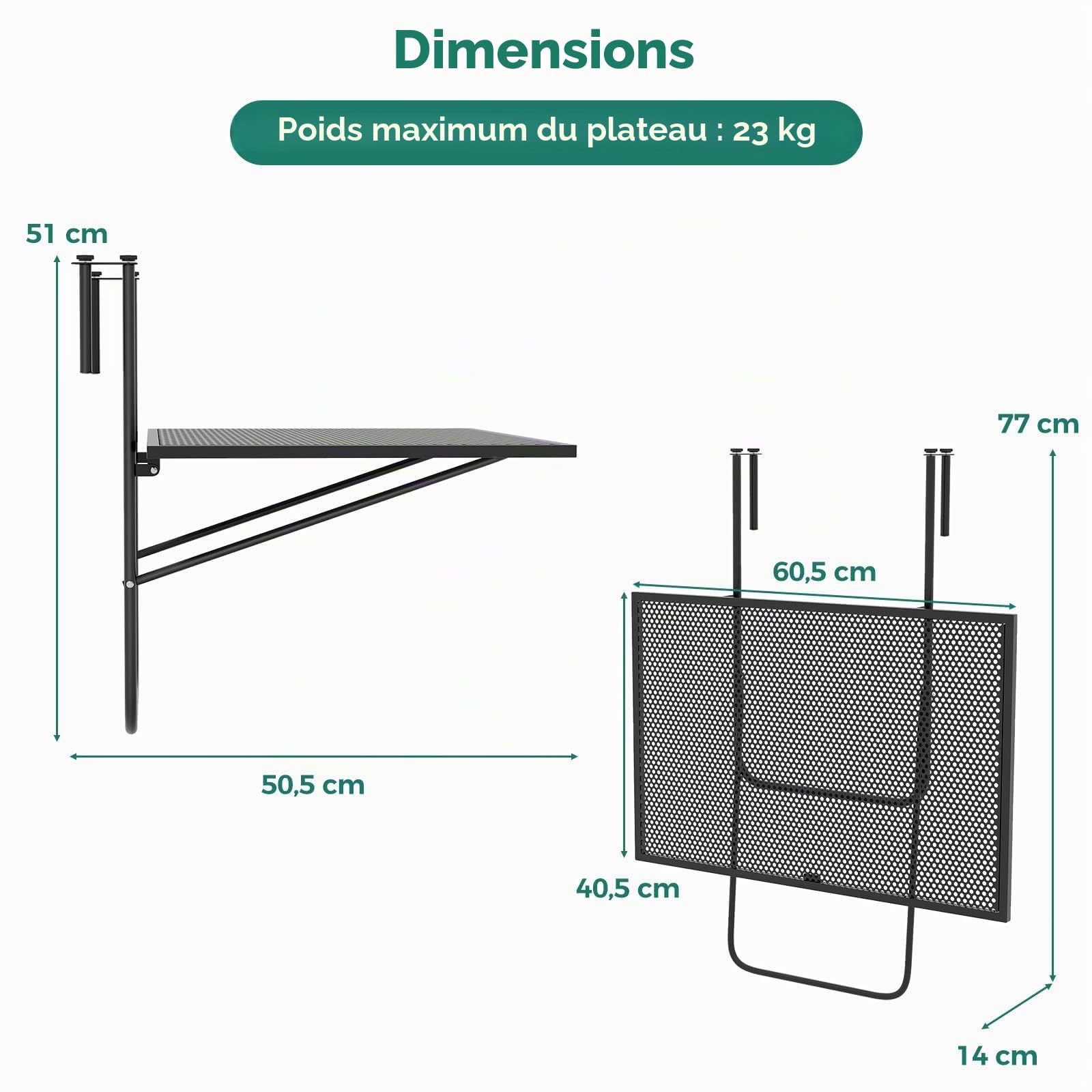FANTASK 60,5 x 40,5 cm - Table de Balcon Pliable avec Crochets de Suspension réglables - Table de Balcon en métal - Capacité de Charge de 23 kg - Noire