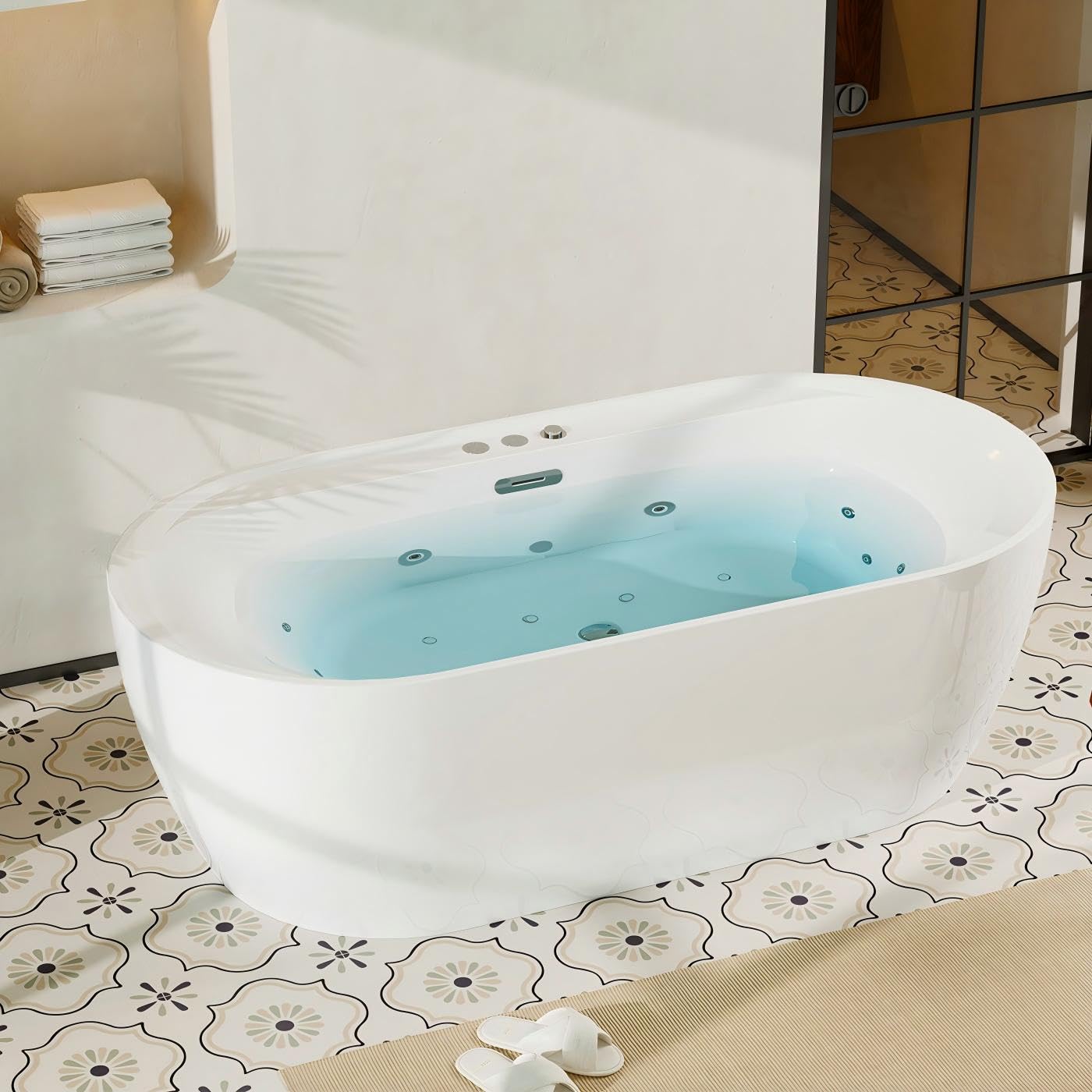 GarveeLife Freestanding Acrylic Bathtub - Massage SPA Soaking Tub with Water Jetted Air Bubble, Soaking &amp; Adjustable Hydromassage Jets