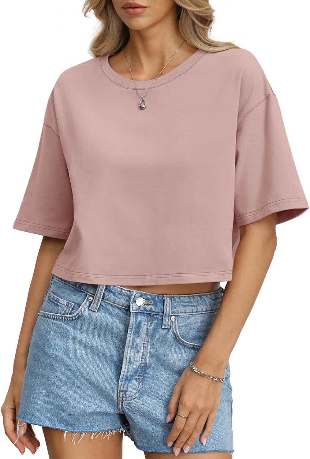 EasyGala Womens Cotton Boxy Crop Tops Drop Shoulder Loose Fit T-Shirts Short Sleeve Crewneck Tees Summer Casual Clothes