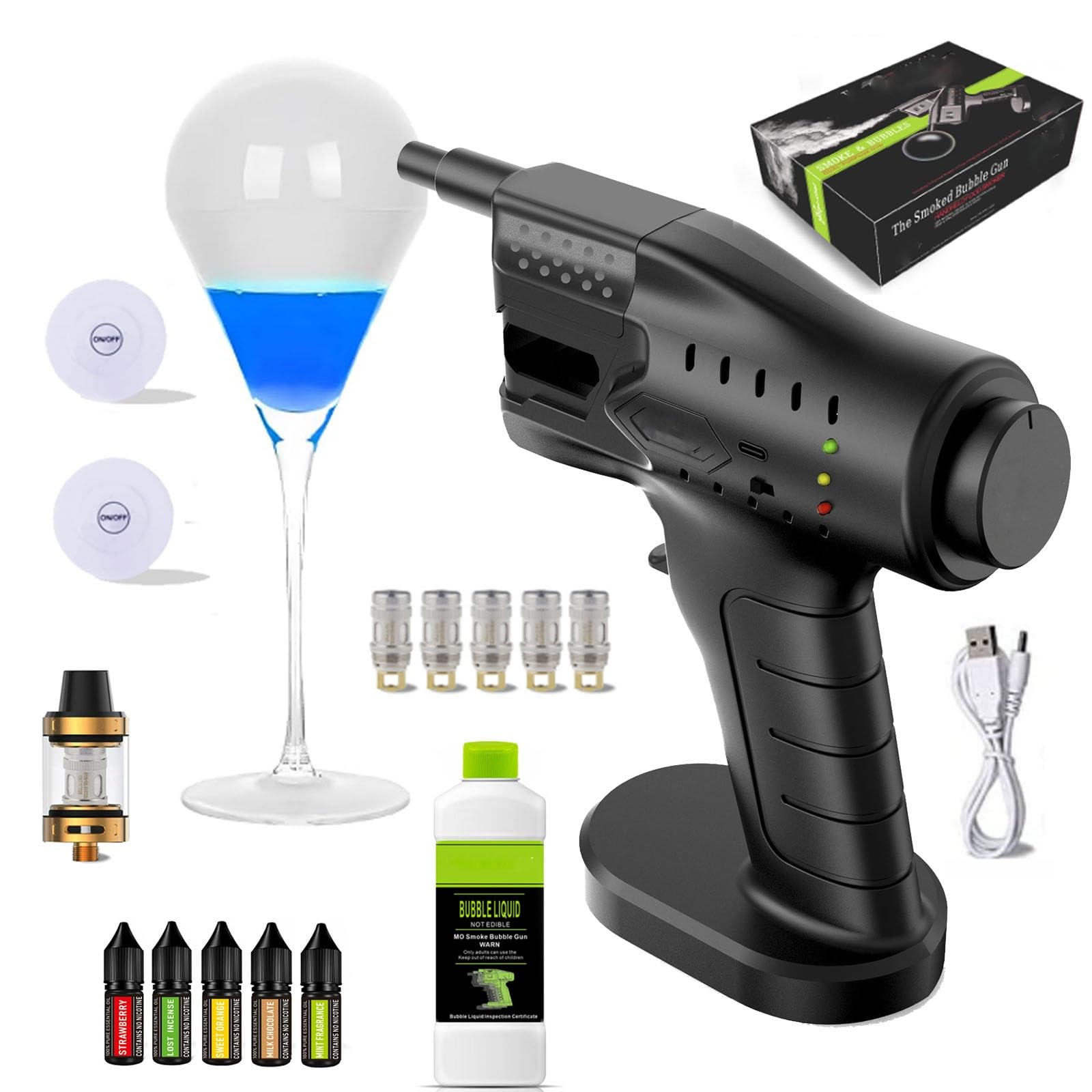 Zestaw do palenia koktajli Flavor blaster, z 300 ml płynu do baniek i 5 x 10 ml oleju, ręczny pistolet do baniek dymnych, USB Smoke Infuser Molecular Cuisine Bubble Machine