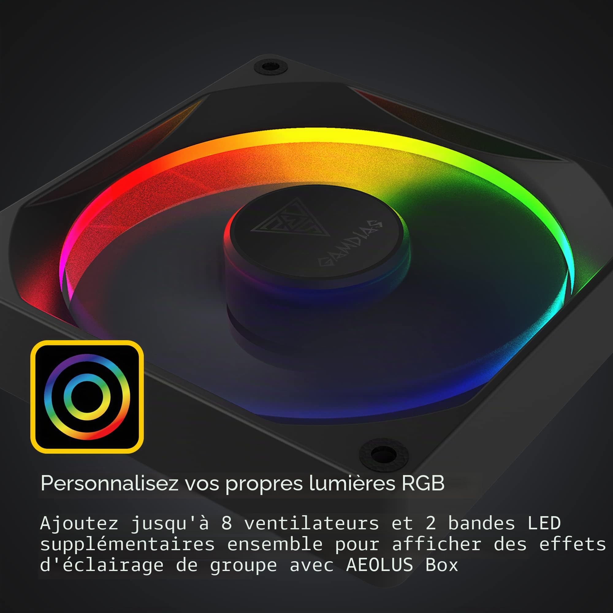 GAMDIAS AEOLUS M3-1204R Ventilateur RGB 120 mm, Ventilateur pc avec télécommande, personnalisez les LED RGB adressables, roulement hydraulique, jusqu'à 2 000 tr/min, 4 Ventilateurs
