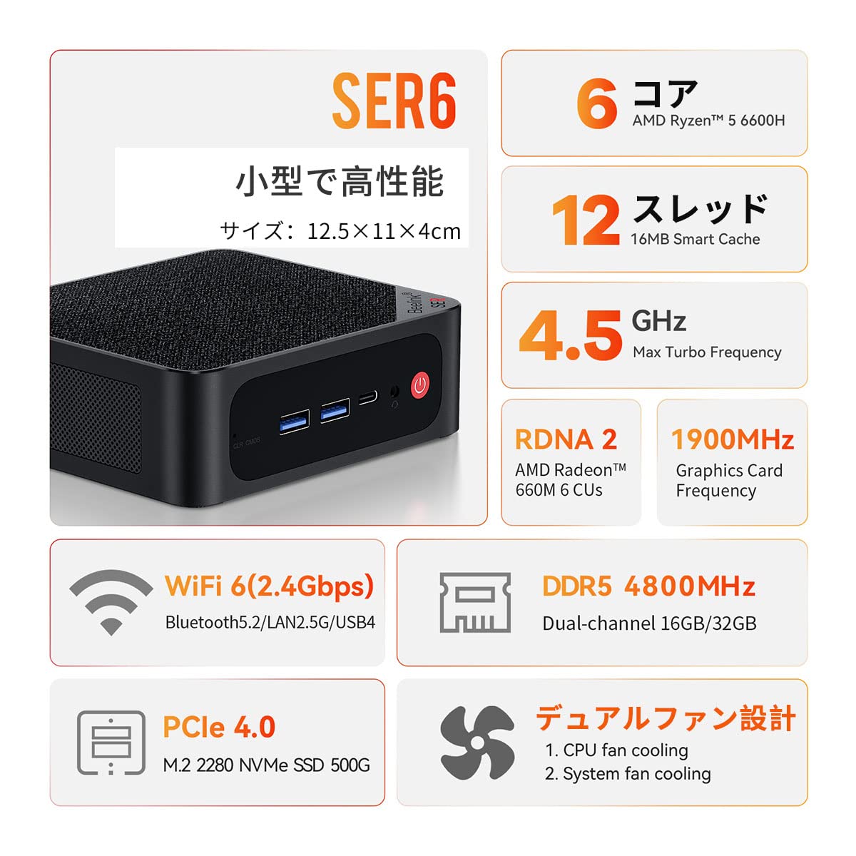 Amazon.co.jp: ミニPC Beelink Ser6 Mini Pc Ryzen 5 6600H 6コア12