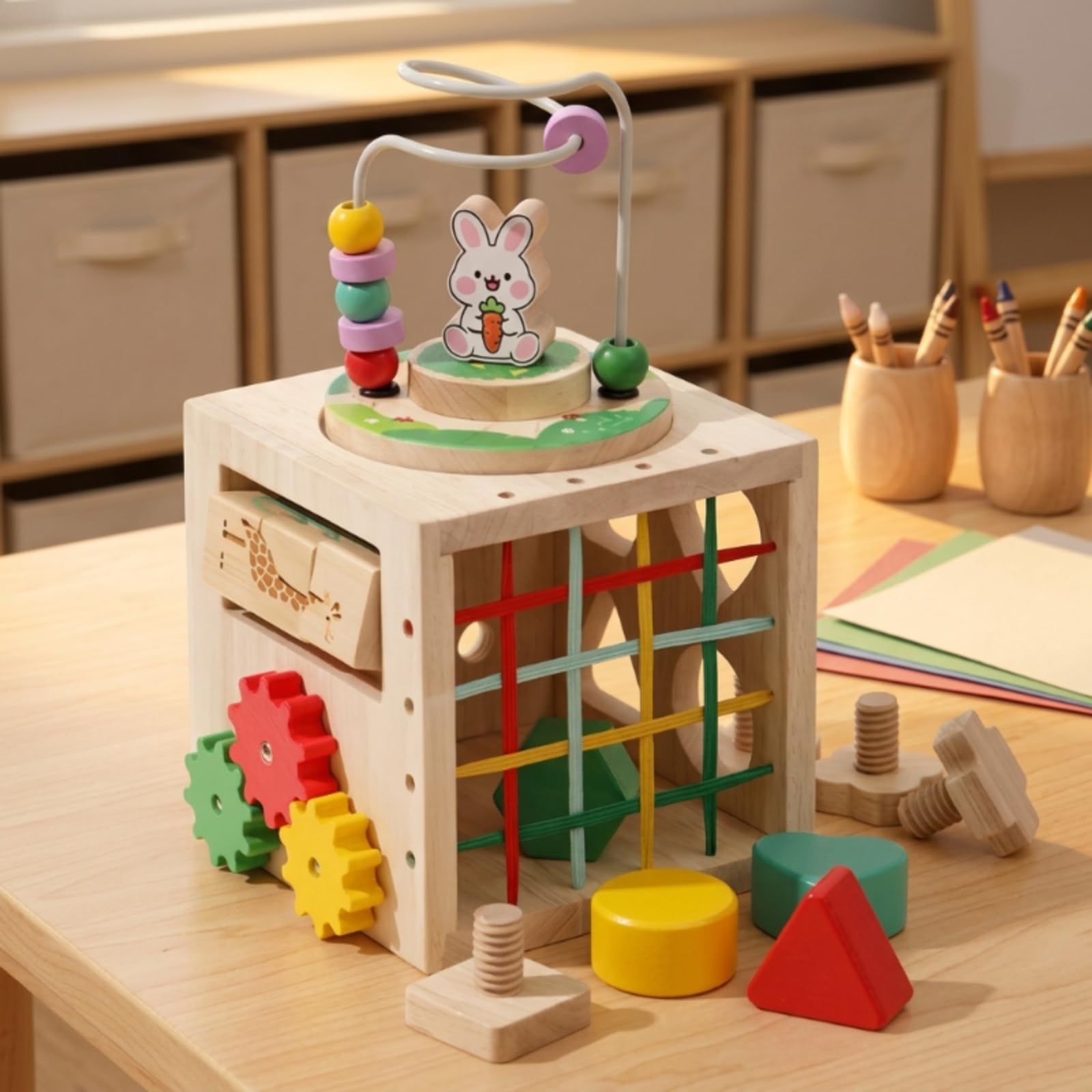 Lernspielzeug Holz Aktivitätswürfel Kinder Spielwürfel Motorikwürfel Perlenlabyrinth mit Stecktafeln Und Drehfunktionen Sichere Große Elemente für Vorschule Kinderzimmer Geschenk