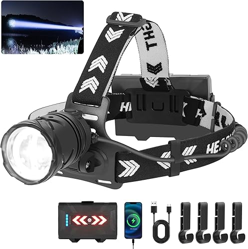 Annteneo Linterna frontal LED recargable por USB, lámpara de cabeza de 100000 lúmenes, luz trasera roja e indicador de batería, zoomable, faro