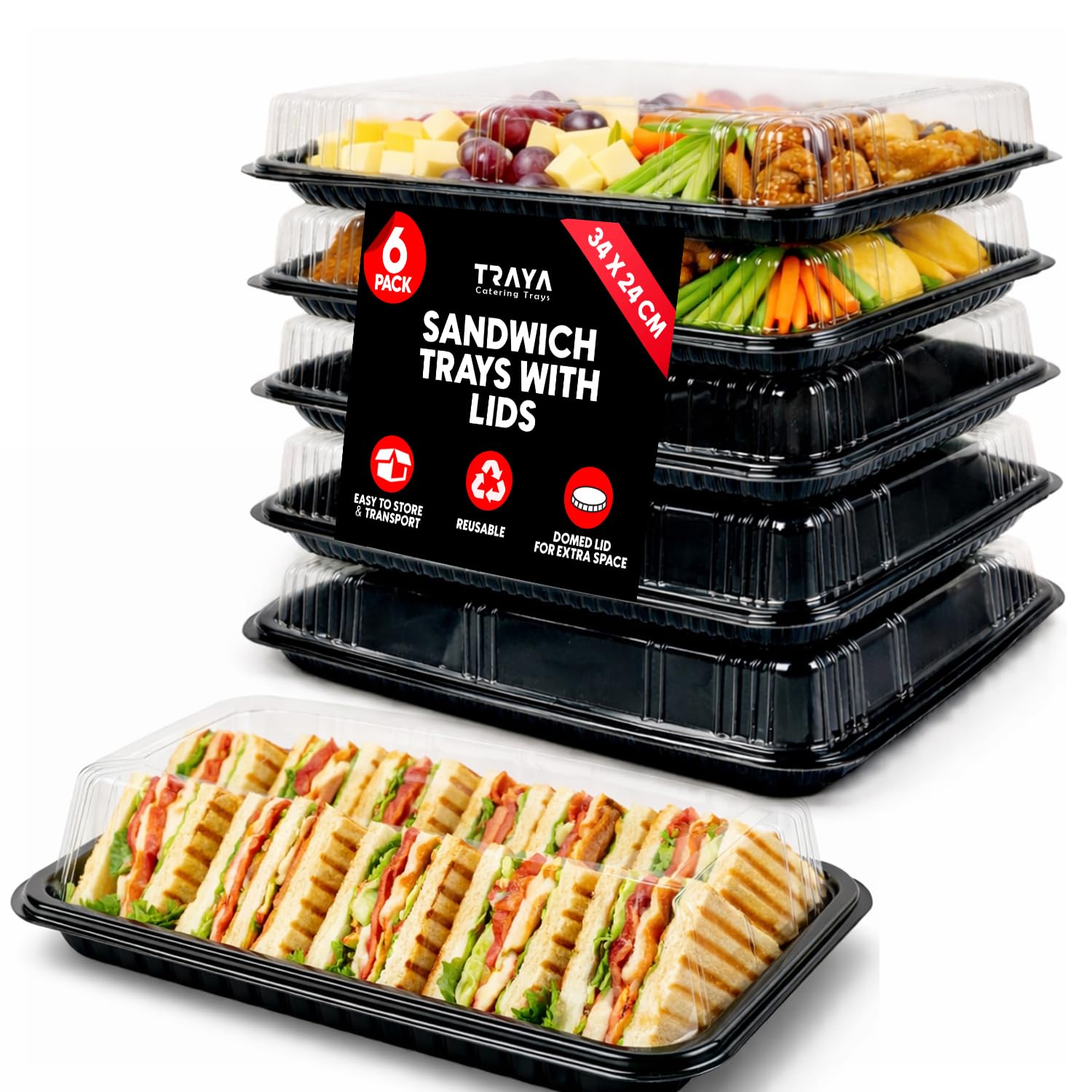 TRAYA Pack of 6 Serving Tray with lid - Reusable Catering Trays with Lids 13'' Long for Meal Prep, Cakes, Treats and Sandwiches (13 * 2.7 * 9.4inch)