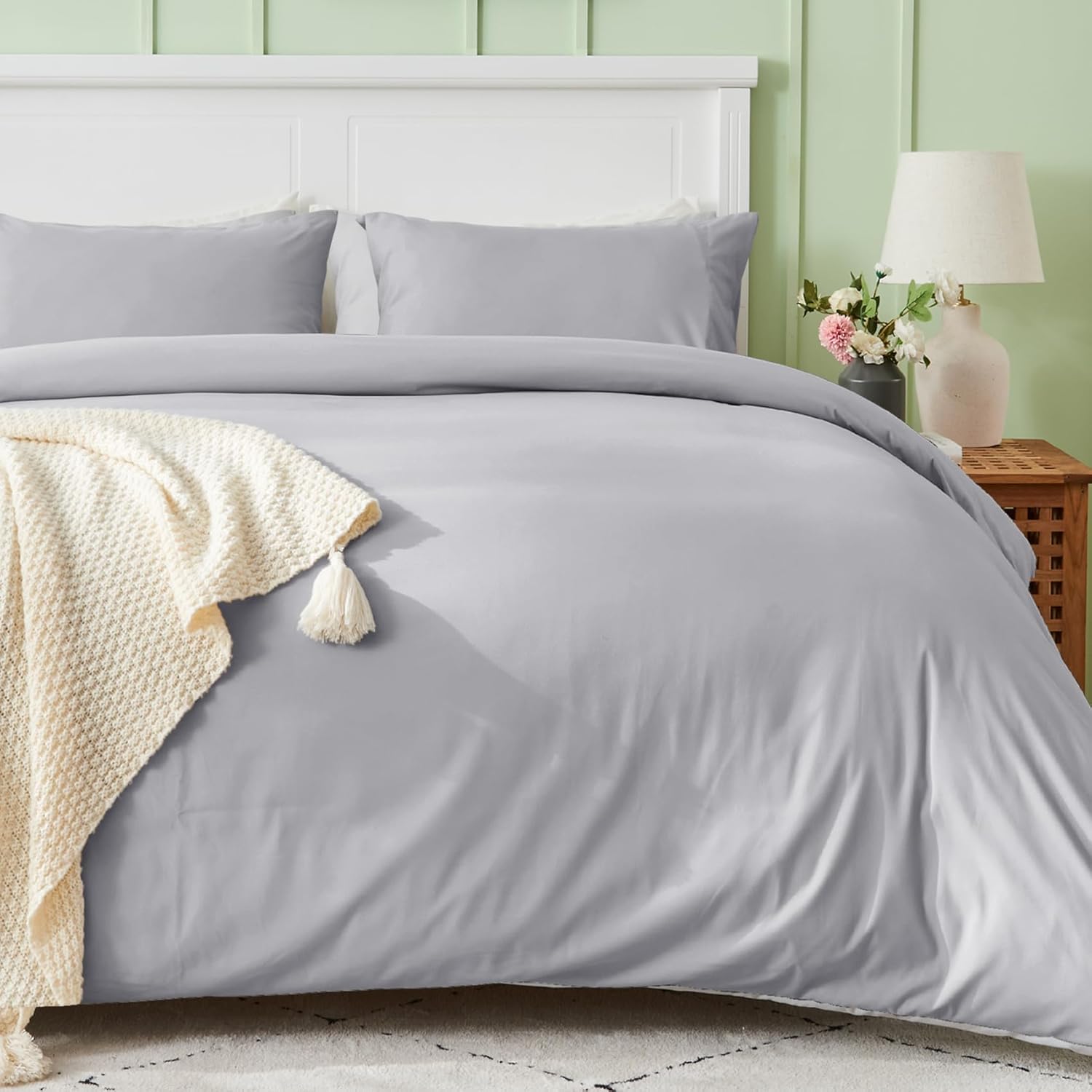 SASTTIE Duvet Cover Queen, Light Grey Queen Size Duvet Cover Set, Soft