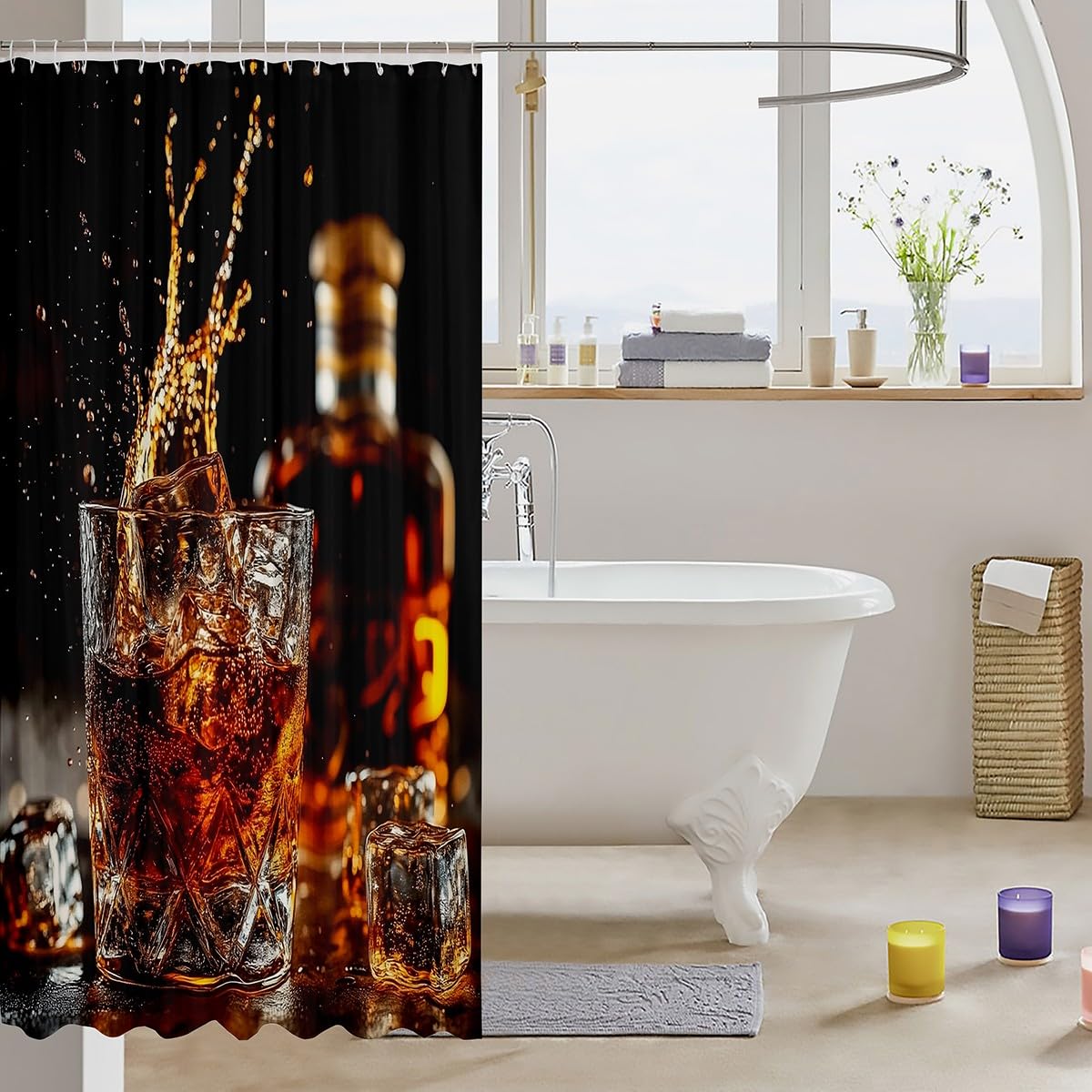 Duschvorhang für Kinder, Whisky-Getränke, Whisky-Malz-Likör, Trinkbadvorhang für Mädchen und Jungen, Bar, Bierglas, Westernmode, wasserdichte Vorhänge, 12 Haken, 183 x 198 cm (B x L)