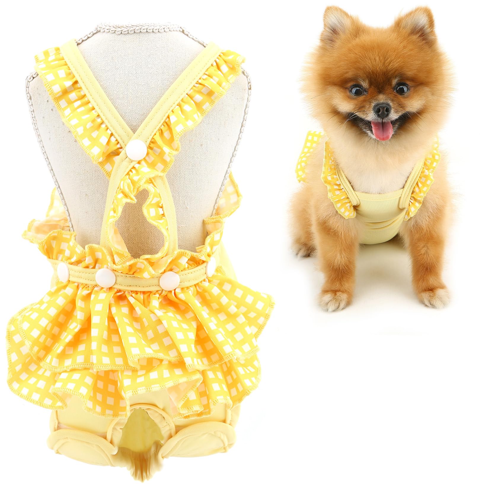 SMALLLEE_LUCKY_STORE Washable Reusable Dog Diaper Plaid Pet Sanitary Pantie with Suspender Puppy Cute Pet Underwear Diaper Jumpsuits for Female Dogs in Heat Period, Yellow, L