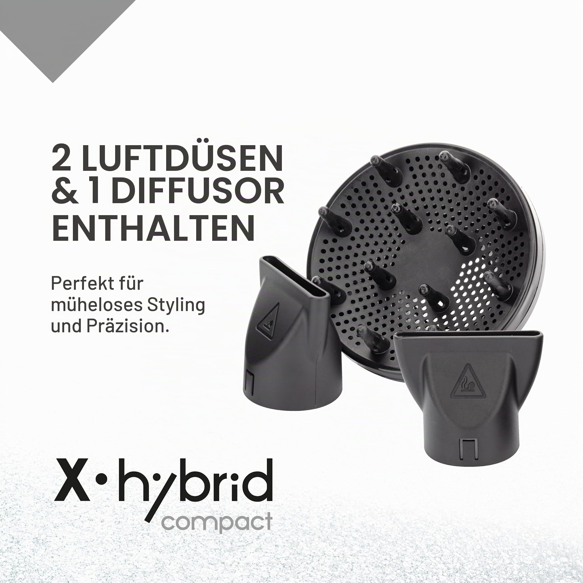 GAMMA+ Professioneller Haartrockner X-Hybrid Compact, Leichter & Kompakter Föhn mit Ionen-Technologie, Turmalinbeschichtetes Gitter, 1800–2100W (Schwarz)