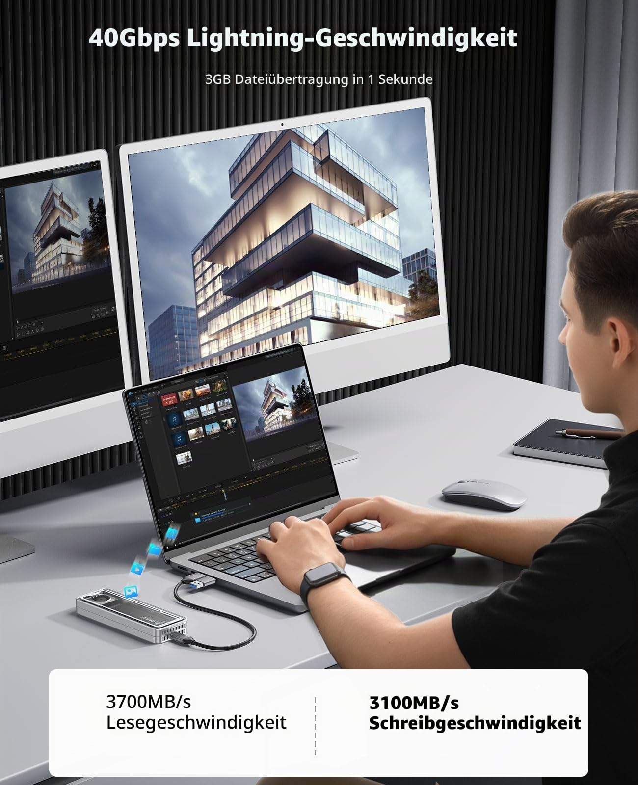 ORICO 40Gbps M.2 NVMe SSD Gehäuse, USB4 NVMe Gehäuse mit effizientem Kühlventilator, Unterstützung 2230 2242 2260 2280(M Key), Kompatibel mit Thunderbolt 4/3 USB4/3.2/3.1/3.0/2.0
