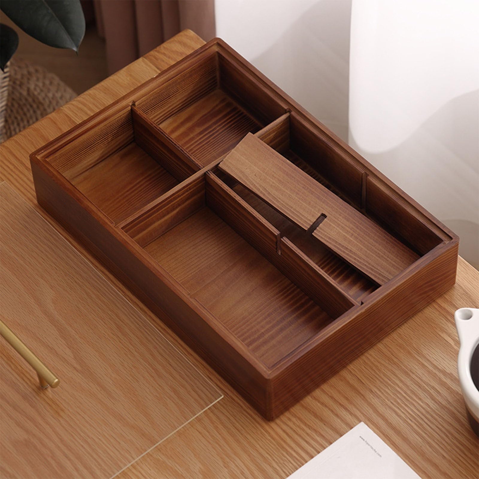 Plateau de service carré avec couvercle – Plateau en bois divisé à 6 compartiments avec couvercle en verre acrylique transparent pour noix, fruits secs, bonbons et sachets de thé