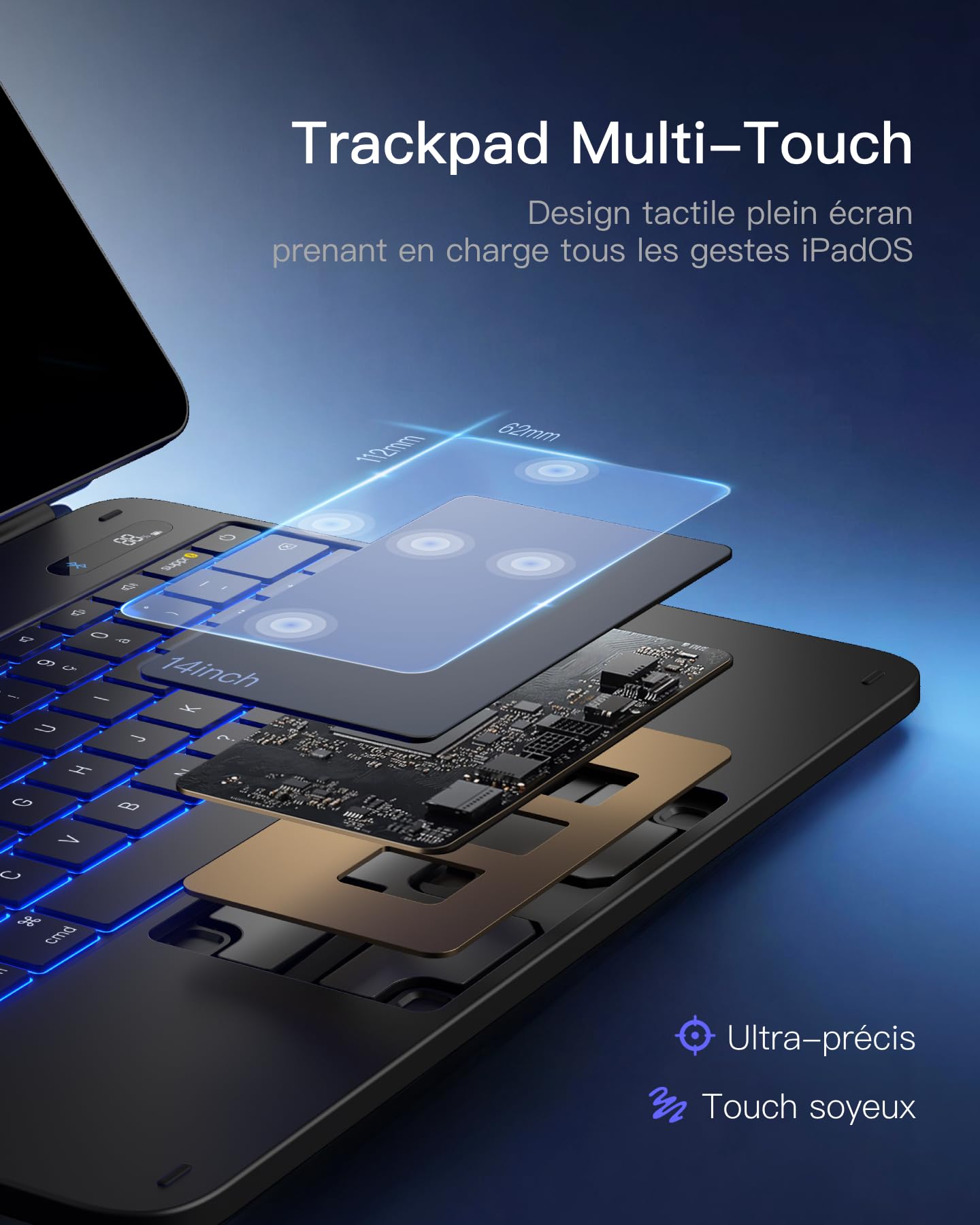 Inateck Coque Clavier iPad Air 13", Charnière Plate, Grand Pavé Tactile