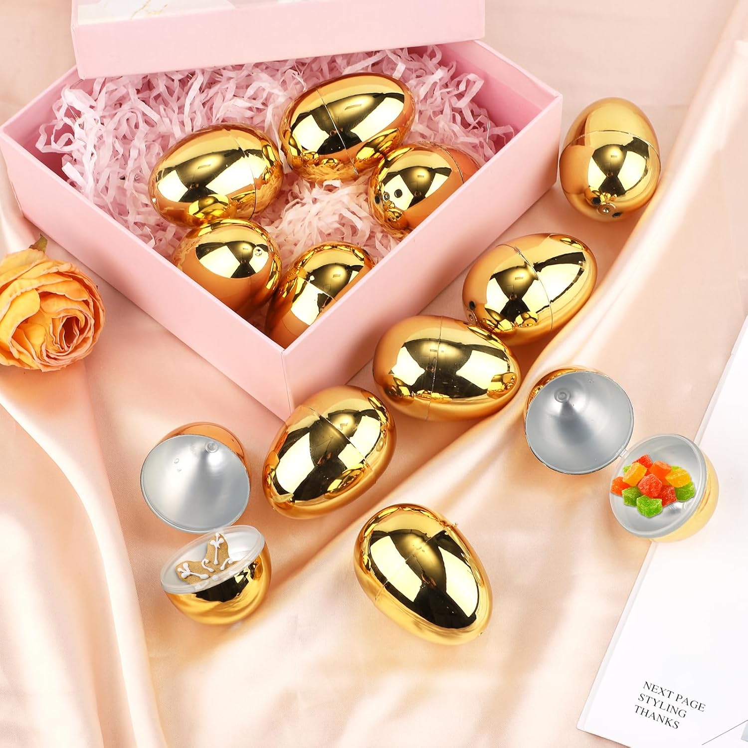 PEUTIER 12pcs Golden Easter Eggs, Fillable Easter Eggs Plastic Easter Eggs Empty Easter Egg Hunt Games Party Favor Fillers Basket Stuffers Crafts for Easter Party Company Activities