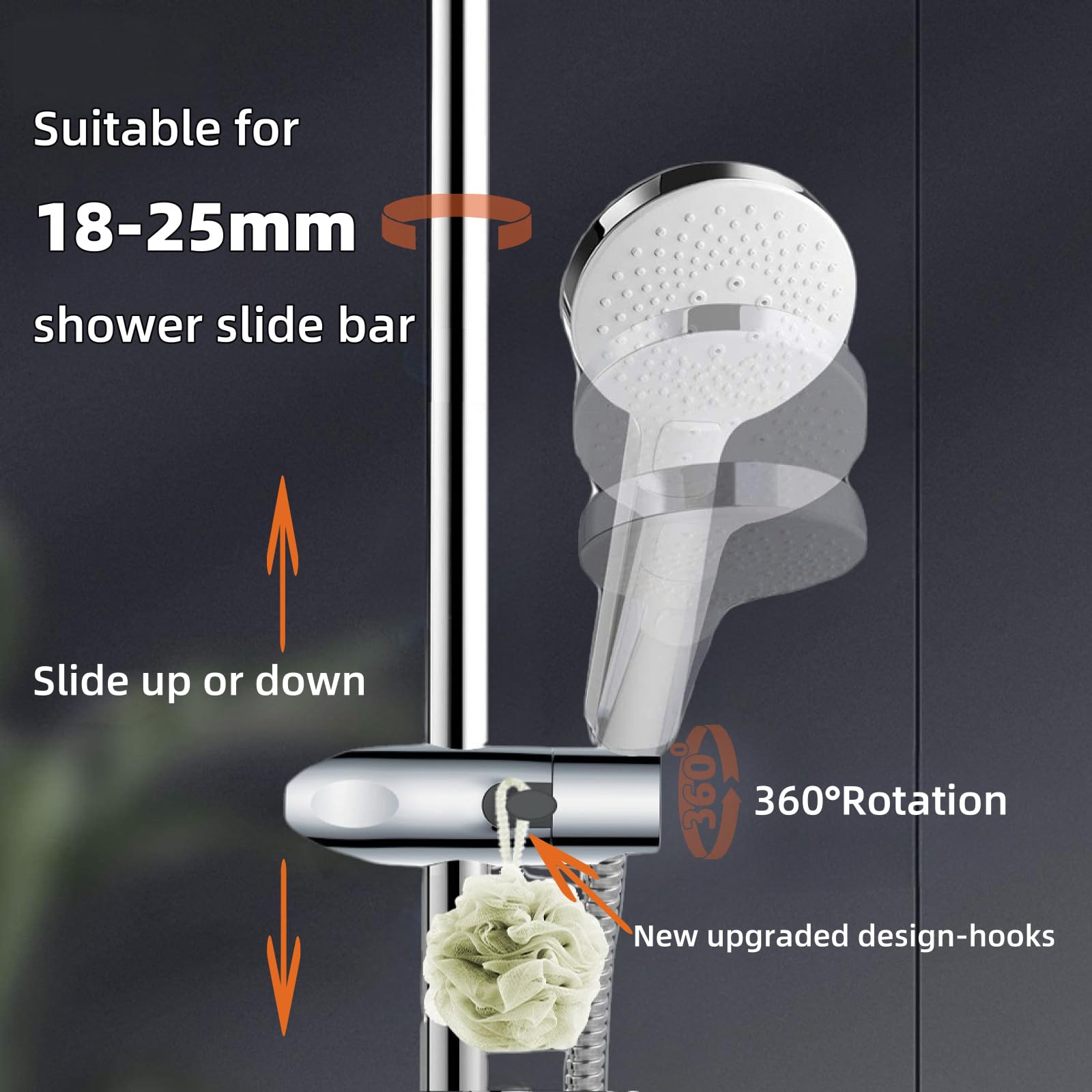 Shower Head Holder with Hook for Slide Bar,Sleek Shark Design Adjustable Shower Head Holder for 18-25mm O.D. Rail,Easy to Install Shower Wand Holder,Replacement Shower Accessories 360° Rotation Moving - Image 3