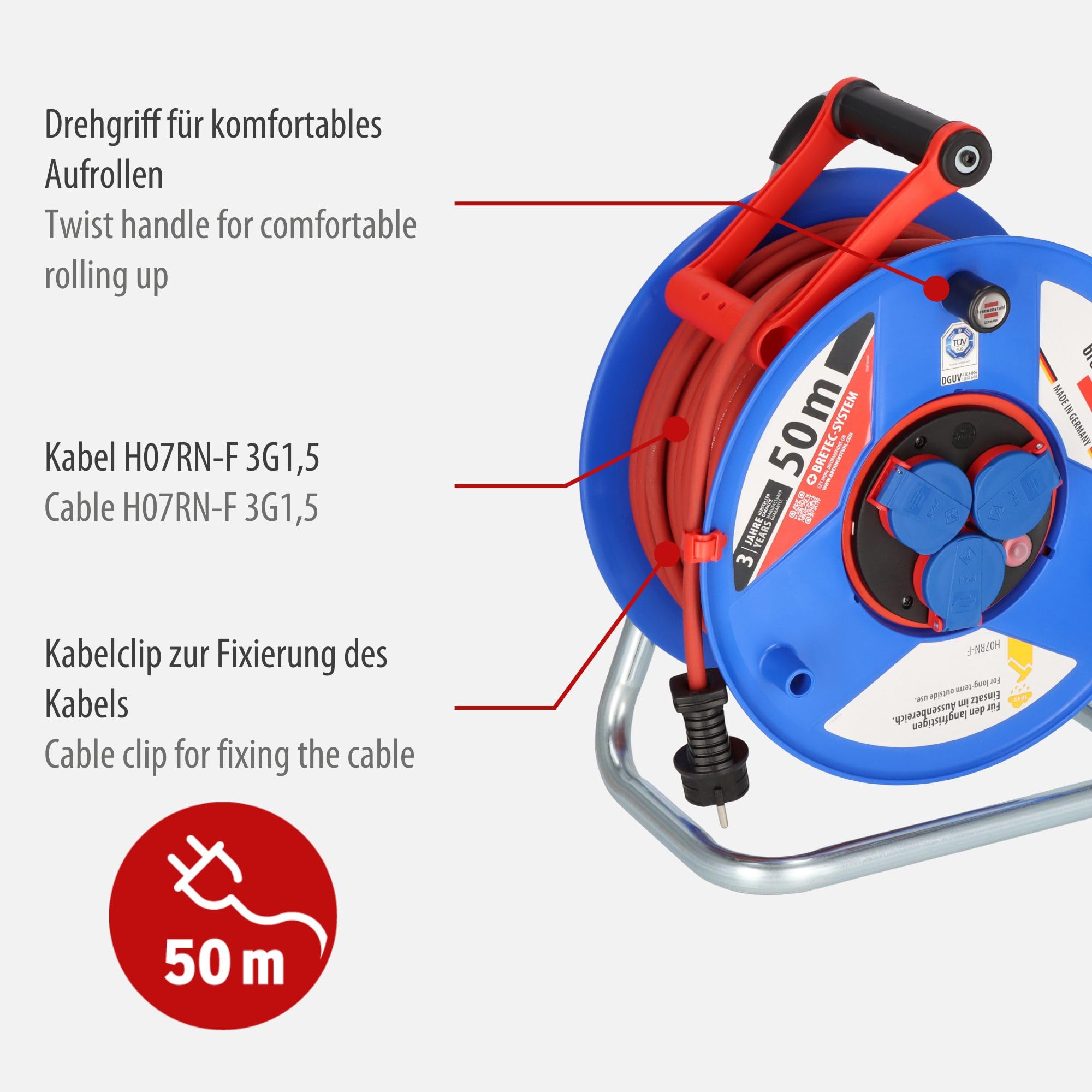 Brennenstuhl Garant Bretec IP44 Gewerbe-/Baustellen-Kabeltrommel, (50m Kabel in rot, Spezialkunststoff, Baustelleneinsatz und ständiger Einsatz im Außenbereich, Made in Germany) 1238930