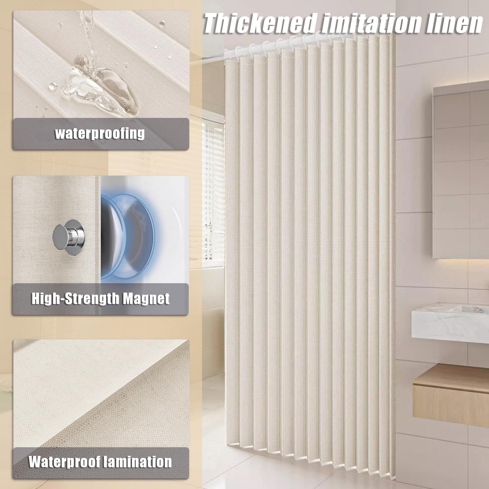 Icegrey Rideau de Douche Magnétique Pliable et imperméable avec Crochets, Séparation Humide et sèche, Rideaux de Douche en Polyester Lin très résistants pour Salle de Bain, Beige, 150x200cm
