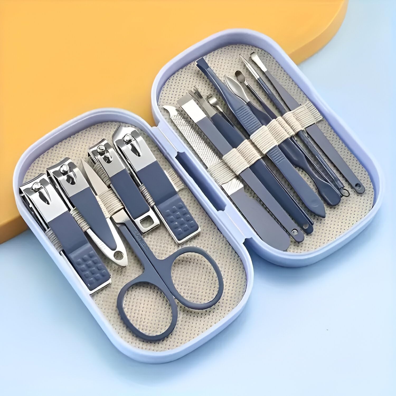 MAHNTMART Stainless Steel Professional Manicure Set NaIL Cutter For Women Scissors Luxury Grooming Pedicure For Women Acne Grooming Blackhead Tool Leather Travel Case Kit Remover needle (12 IN 1 BLACK and YELLOW) (14 in 1 Kit [ Blue ])-image-27