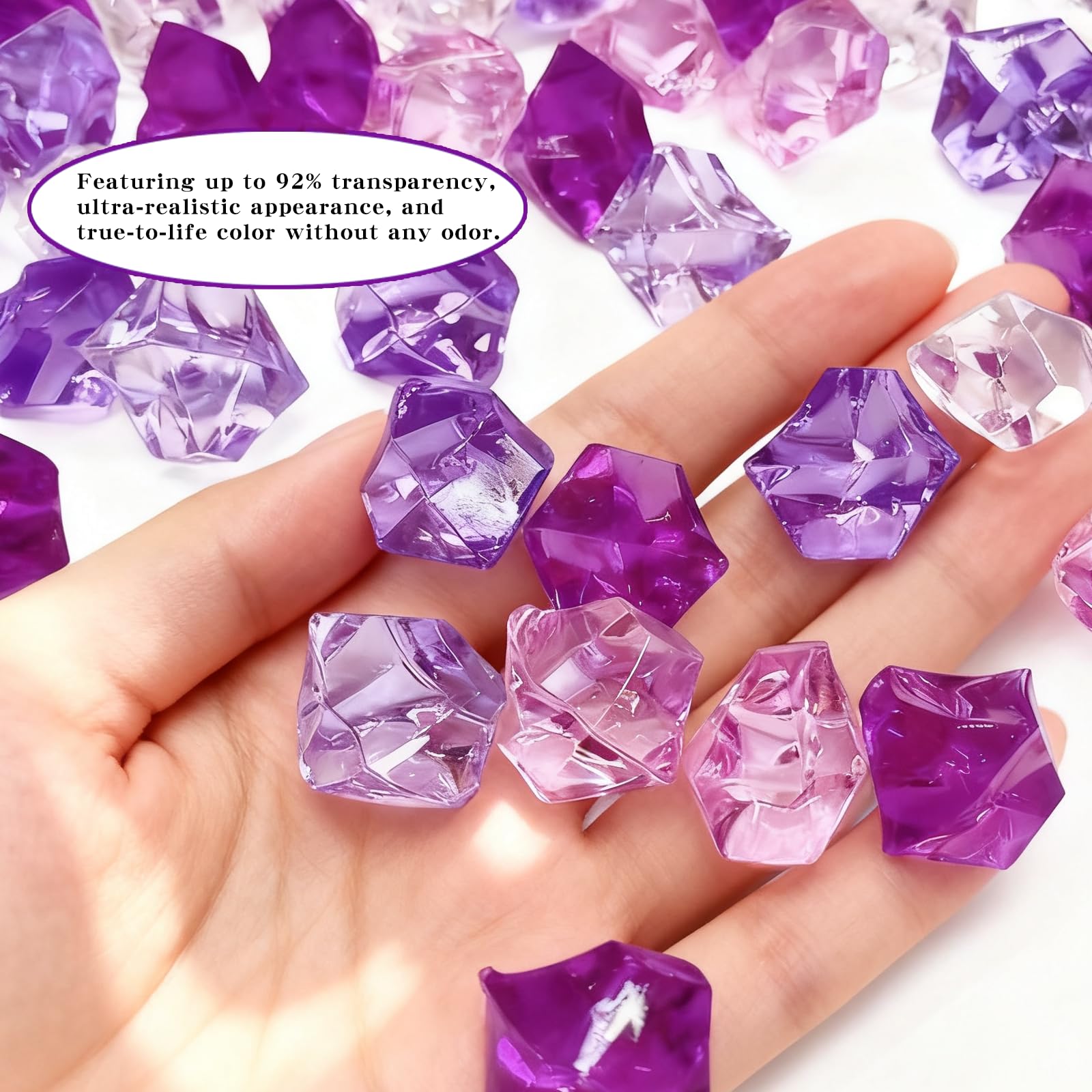 Falso Crushed Ice Rocks, 500 G in acrilico, pietre di cristallo acrilico, pietre colorate per riempire vasi decorativi e per il fai da te (viola, trasparente, rosa, rosso rosa)