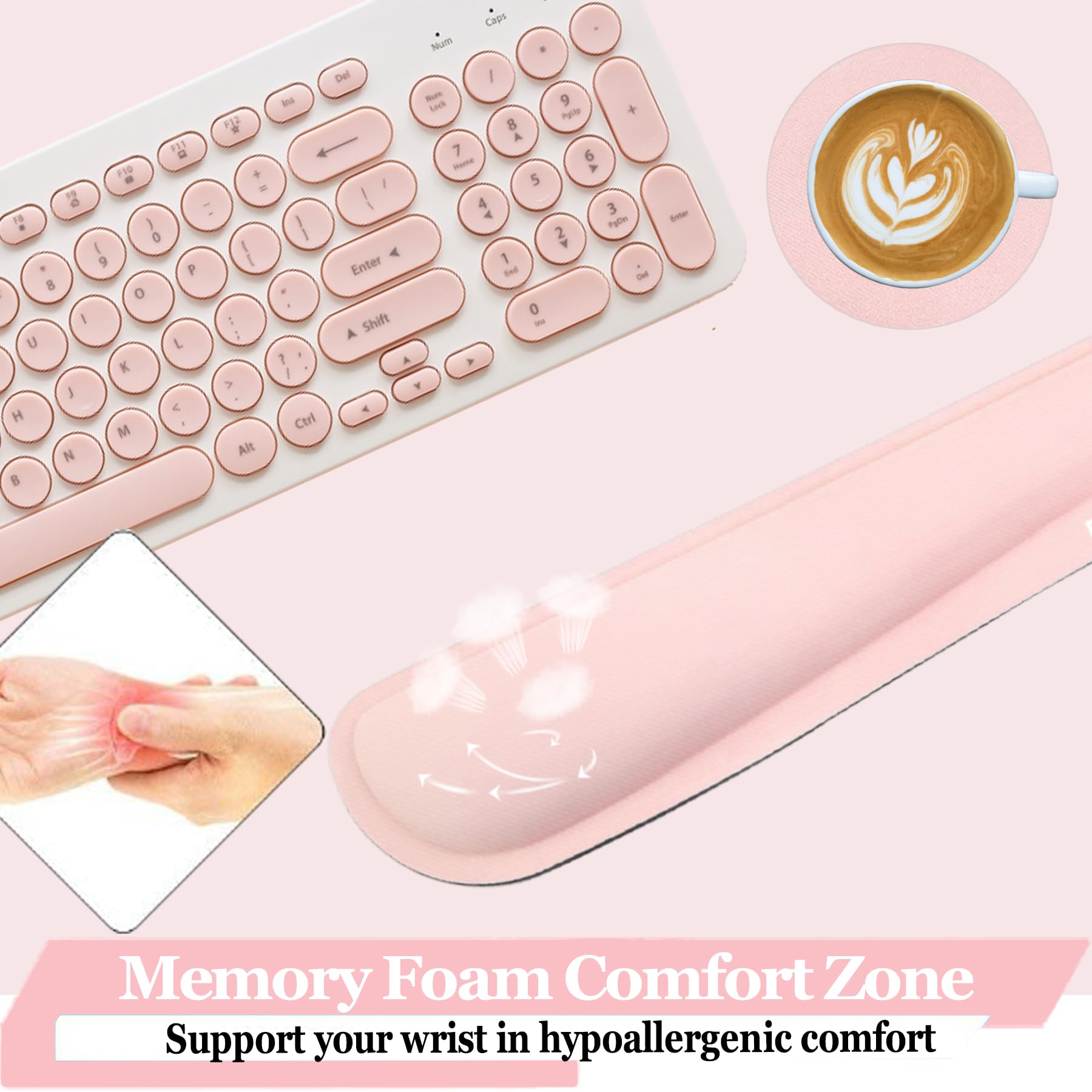 BamLue Ulepszona zmywalna podkładka pod nadgarstek ze skóry PU, żelowa podkładka pod mysz do łatwego pisania i ulgi w bólu, do laptopa, biura i domu, ergonomiczne zestawy do klawiatury, różowa