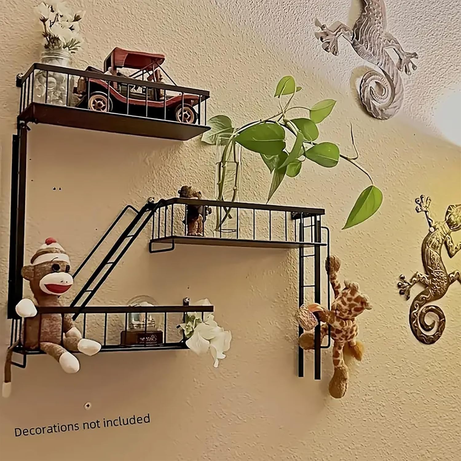 Fire Escape Wall Shelf - 3 Tier New York Decorative Ladder Shelf, Trinket & Action Figure Display with Floating Staircase, Wall Art Ladder Design for Bedroom Home Office Storage, Black
