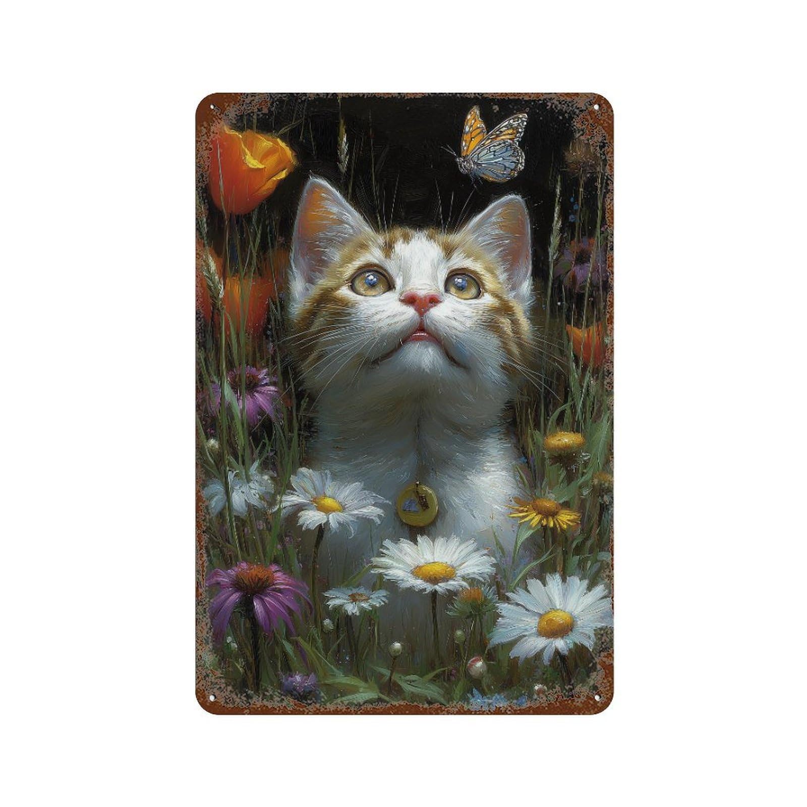 Distressed Metal Wall Sign with Kitten in Flowers with Butterfly -2 Design 11.8"x7.9", for Garage, Bar And Workshop Decor, Vintage Wall Decor