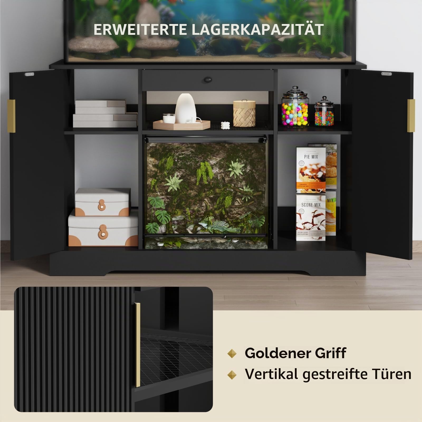 Reptilien Tank Ständer, Holzgestell für Aquarium, Aquarium Unterschrank, Terrarienständer mit Stauraum, Aquariumschrank für das Wohnzimmer, 120 x 60 x 80 cm, Schwarz