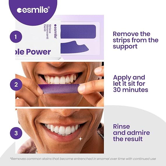 Esmile Purple Power Teeth Whitening Strips, Vegan and Cruelty Free, Gentle on Enamel, 7 Times Brighter, 28 Strips (28, )