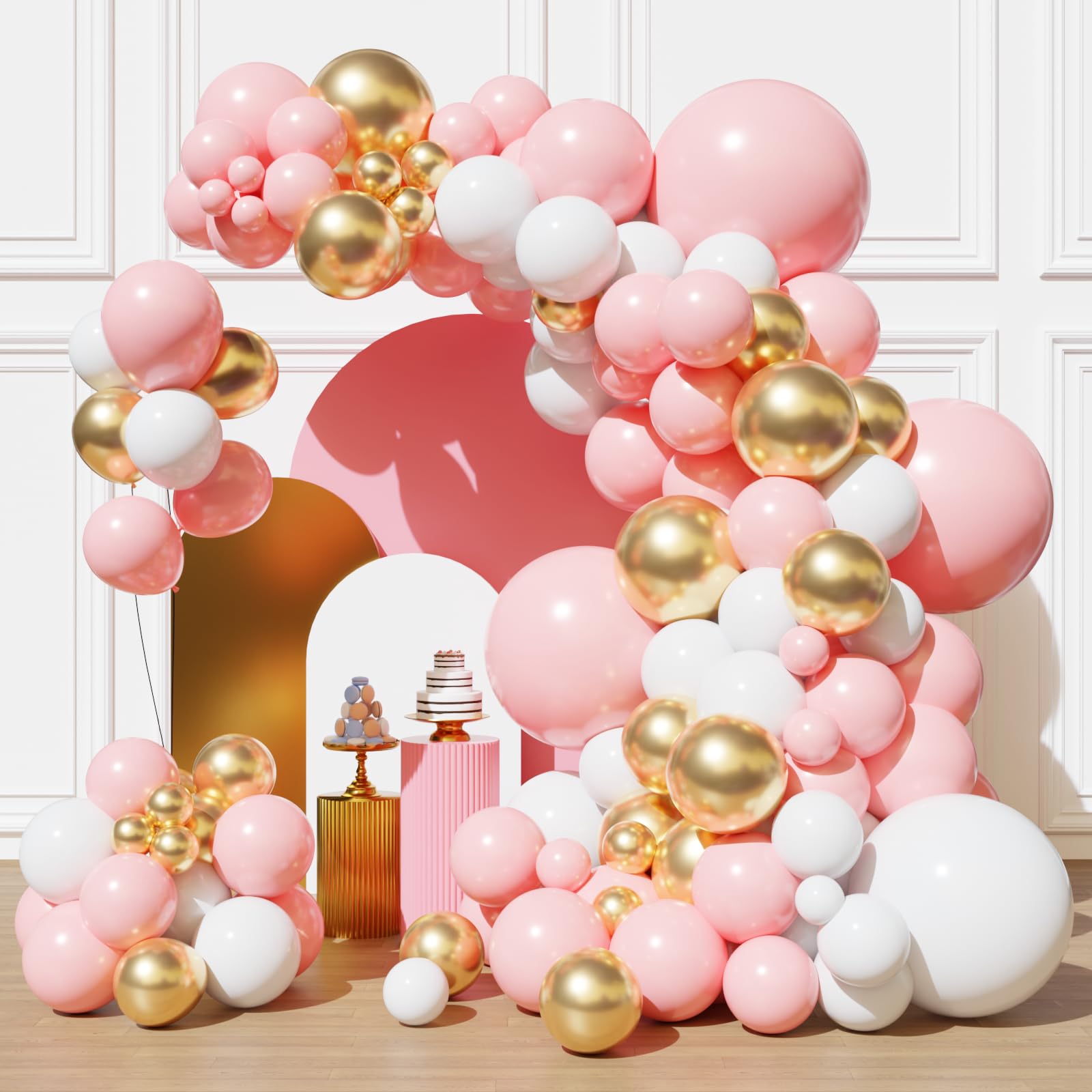 Pink and White Gold Balloons Arch Kit, Pink Birthday Balloons Arch Kit