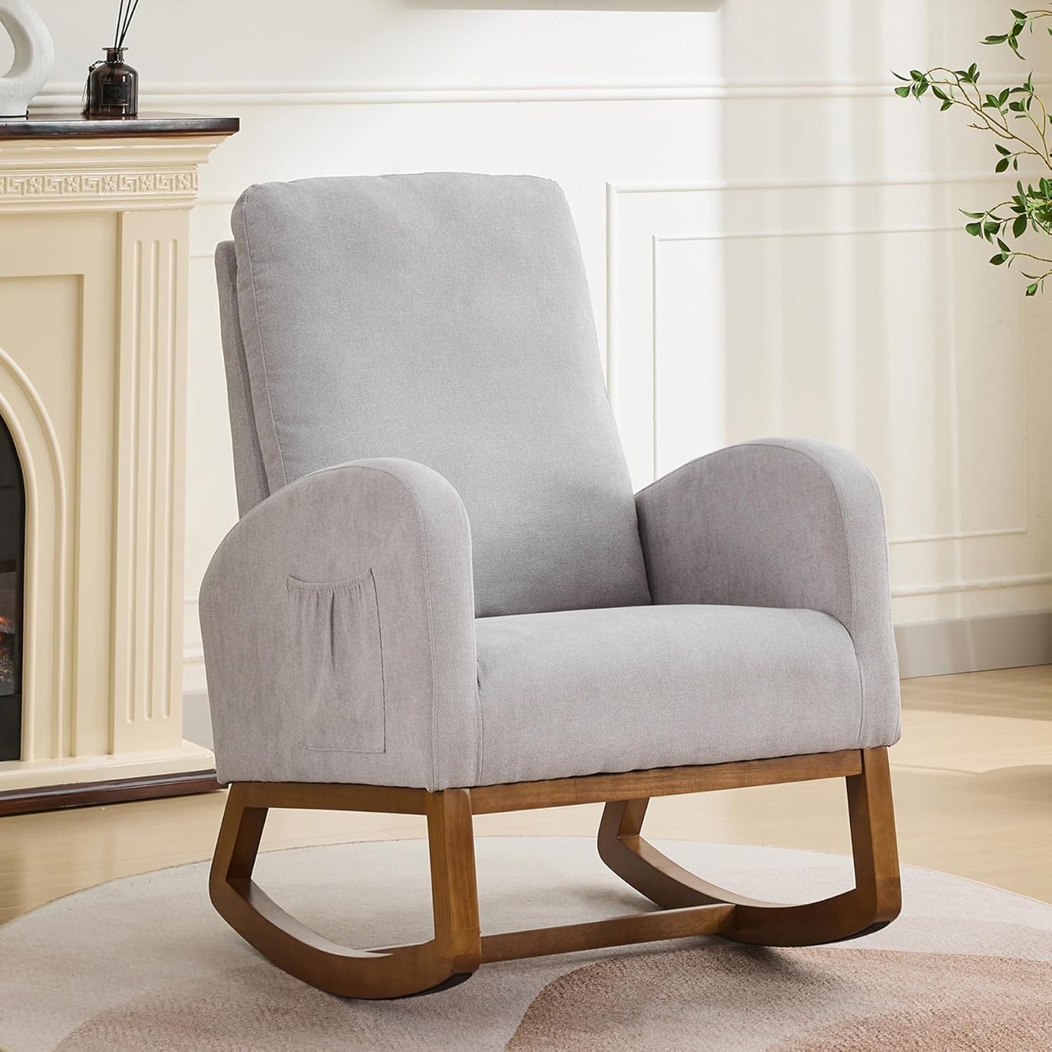 Rocking Chair with Foot Rest, Nursery Rocking Chairs with Rubber Wood Legs, High Back Pocket Modern Upholstered Glider Chair, Comfy Accent Rocker Armchair for Living Room Bedroom,White