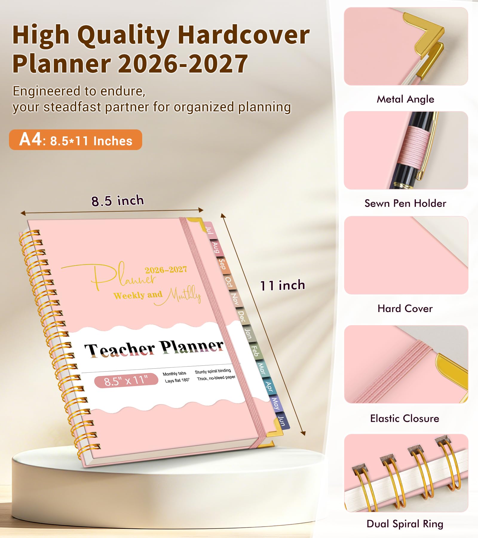 A4 Lehrerplaner 2026-2027, Akademischer Wochen- und Monatskalender Planer von Juli 2026 - Juni 2027, Hardcover Agenda Buch mit Tabs, 2026 Spirale Tageskalender Planer für College Schule Zuhause, Rosa