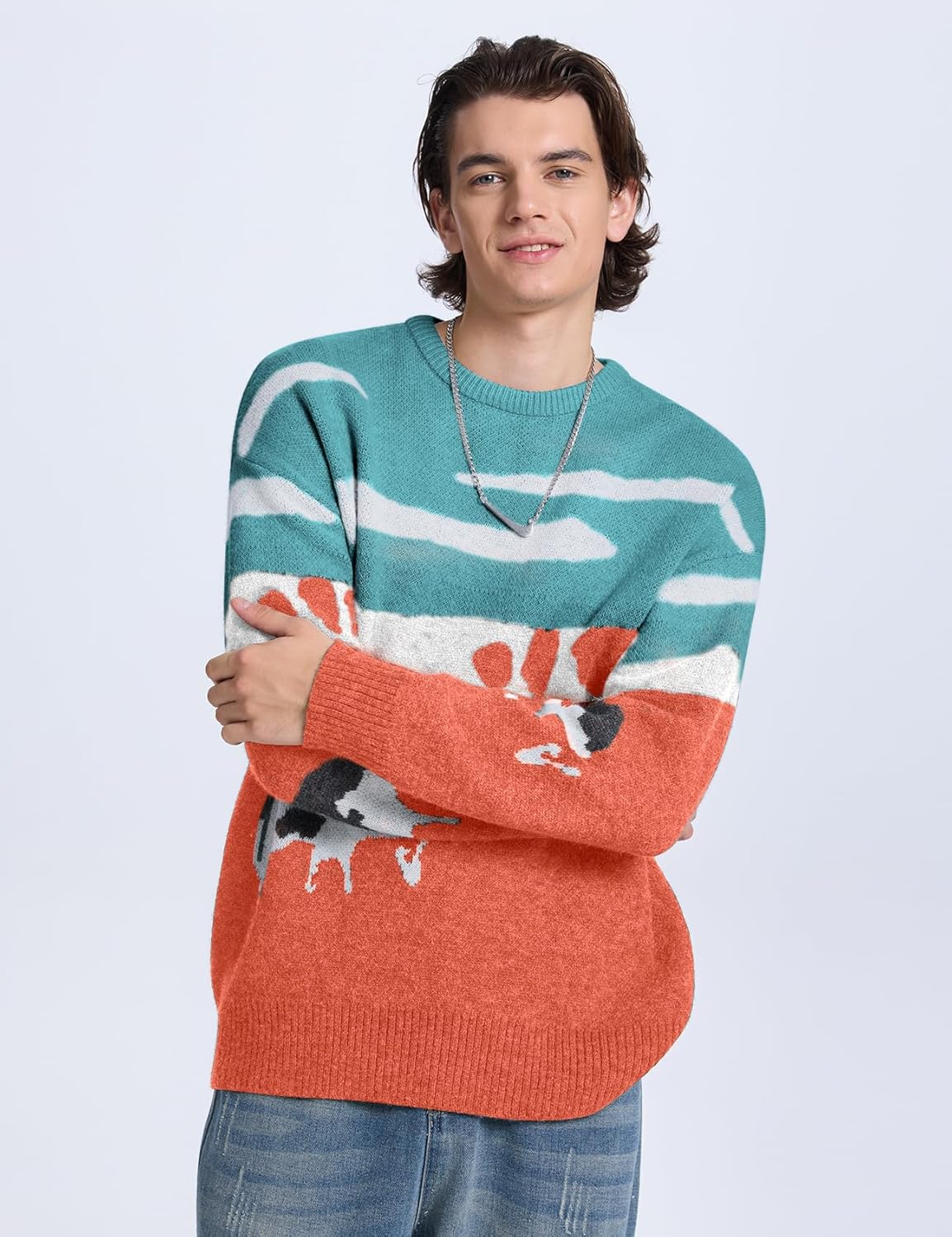 Kissonic Mens Vintage Oversized Sweater Cow Long Sleeve Crew Neck Knitted Grassland Pullover Jumper Unisex Tops - Image 2