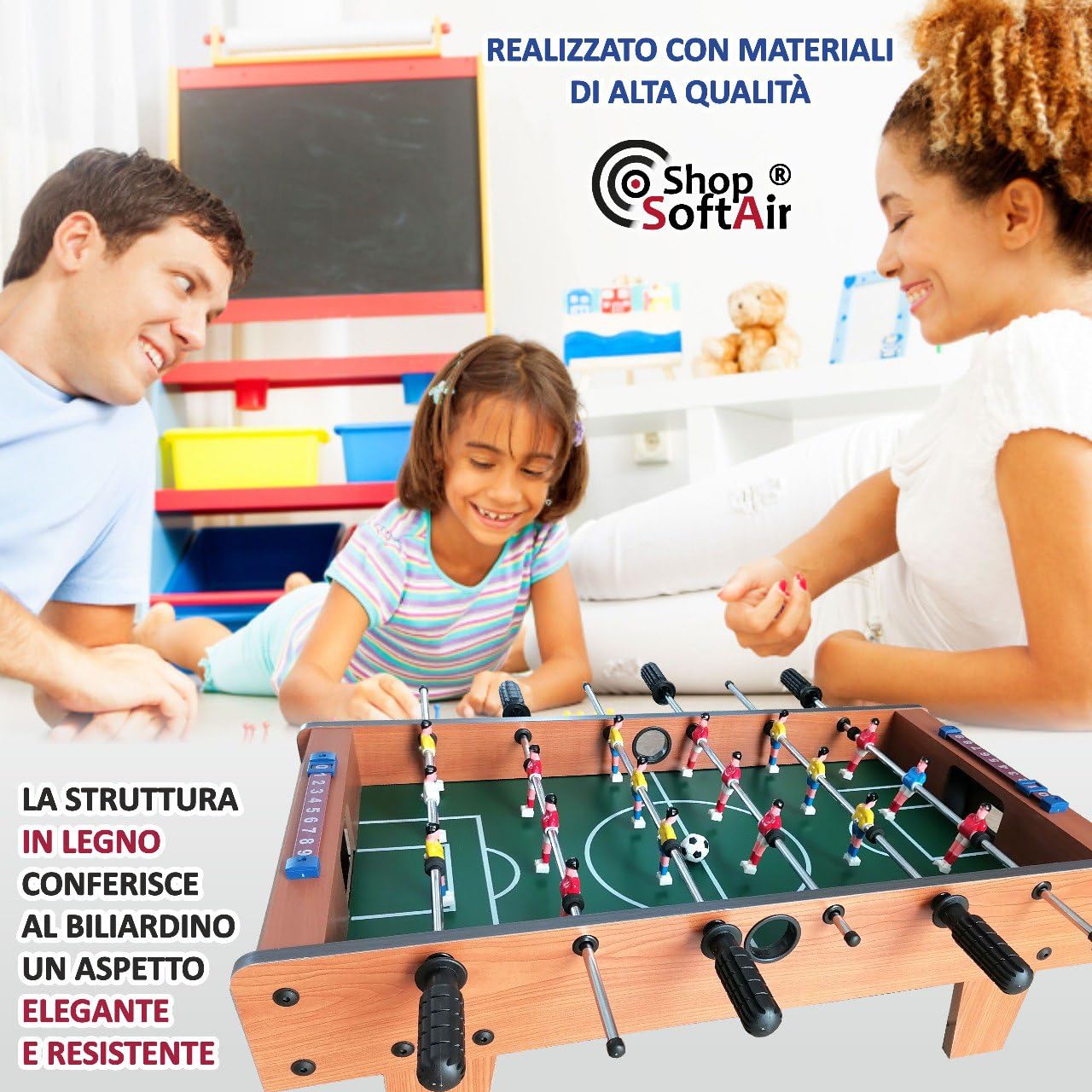 Calcetto Balilla Biliardino da Tavolo Shop SoftAir con Piedi Grandi o Senza Piedicm Aste con 3 Giocatori Segnapunti e 2 Palline da Gioco (Senza Piedi Small cm 51x31x11)